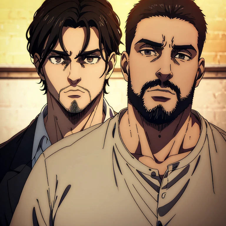 Teen male character who has brown eyes and medium black hair in the Mappa art style. He is depicted in a grey shirt. He has short beard in extended goatee style in short length .He is also suit. He is also fair. The artwork should have the best quality, with ultra-detailed and realistic features. The color palette should be vivid, and the lighting should emphasize the character's facial structure and expression.