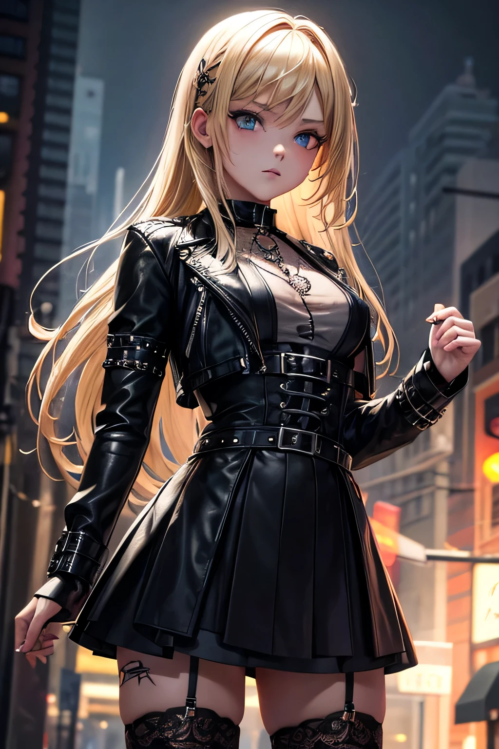 1girl, young girl, goth loli, blond hair, dressed in black gothic dress, black torn stockings, short black leather jacket, thick black make up, emotionless, lot of metal accessories and chains, tattoos, on the street, highly detailed, vibrant appearance, creative behavior, extremly detailed, imaginative, , spontaneous, highest quality, skin texture, intricate details, (cinematic lighting), RAW photo, 8k, masterpiece,best quality,ultra-detailed,very detailed illustrations,extremely detailed,intricate details,highres,super complex details,extremely detailed 8k cg wallpaper,