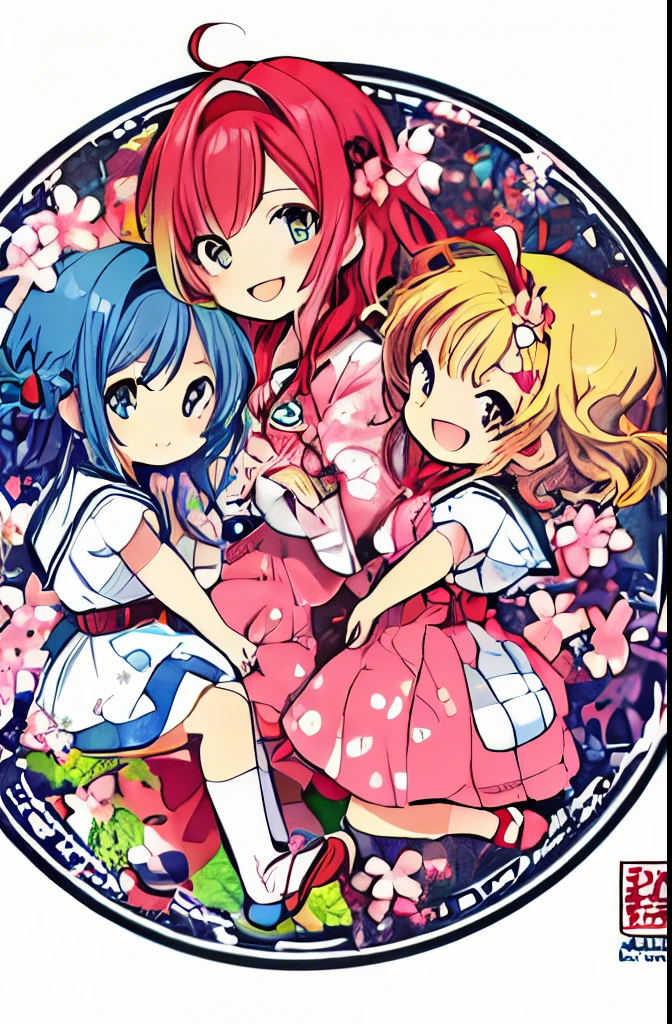 The logo should be simple and compact, in a circular format, with sakura leaves around it. In the center of the circle, include three anime-style characters, portraying a united family with smiles on their faces. The father should have red hair, while the two young girls should have green and yellow hair. Detail the logo with the characters in the center and sakura flowers around.