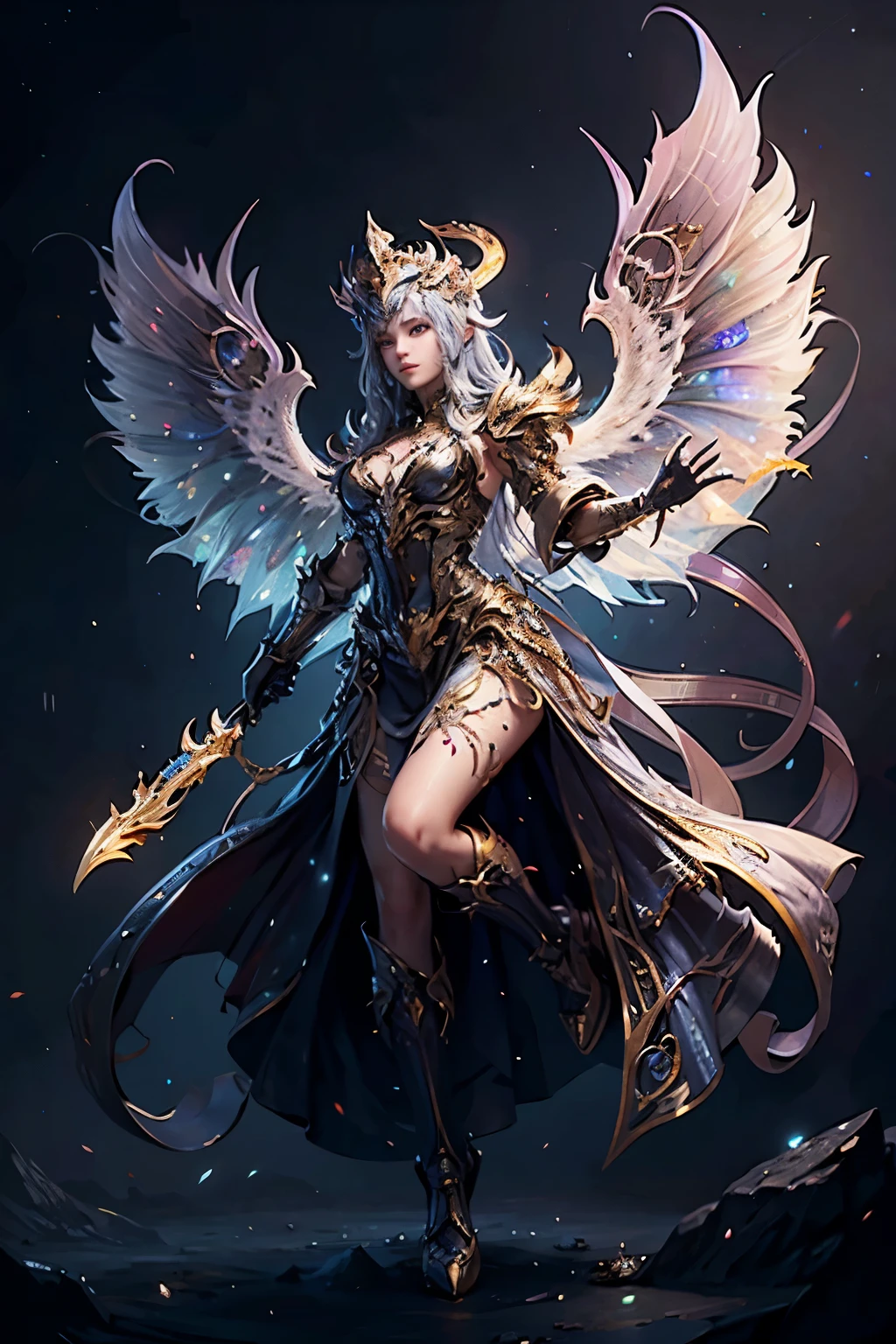 (best quality, masterpiece, colorful, dynamic angle, highest detailed)upper body photo, full body photo, fashion photography of cute mechangel, glowing 4 wings, solo, glowing armor, glowing halo, building, glowing mechanical 4 wings, Santa Clauss hat, (intricate details, hyperdetailed:1.15), detailed, perfect snowing night, light passing through hair, (official art, extreme detailed, highest detailed), HDR+