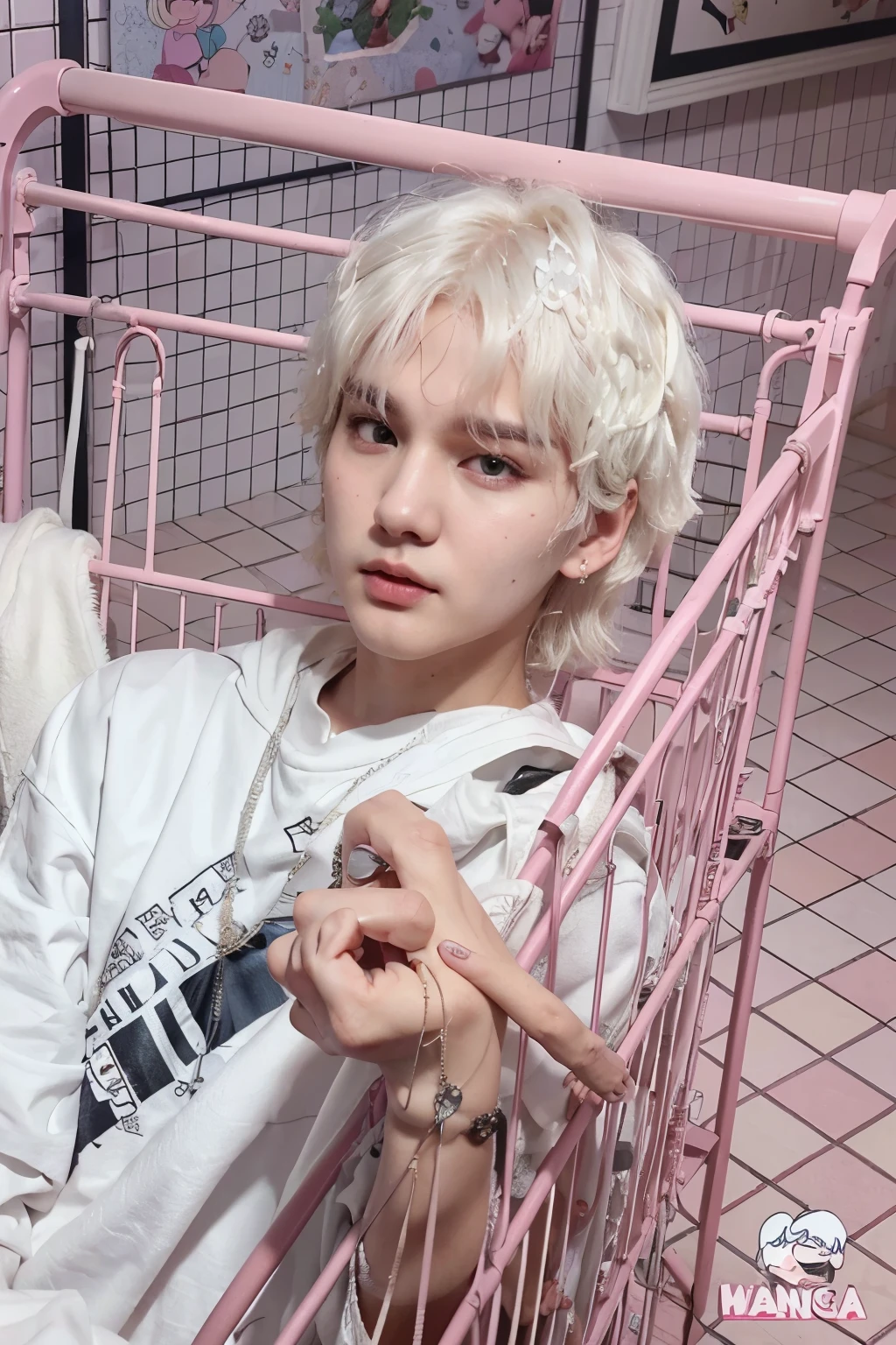 Yoongi com cabelo branco sentado em um carrinho de compras rosa, Min Yoongi do BTS, cor do cabelo branco, com cabelos longos brancos, yoongi cabelo platinado curto, Yoongi do BTS com cabelo branco curto, cabelos brancos, com cabelos brancos curtos e min yoongi, cabelos brancos prateados, messy wavy white hair, com longos cabelos brancos, cabelos brancos da nuvem, cabelos brancos, min yoongi, BTS, KPOP, Yoongi, Suga