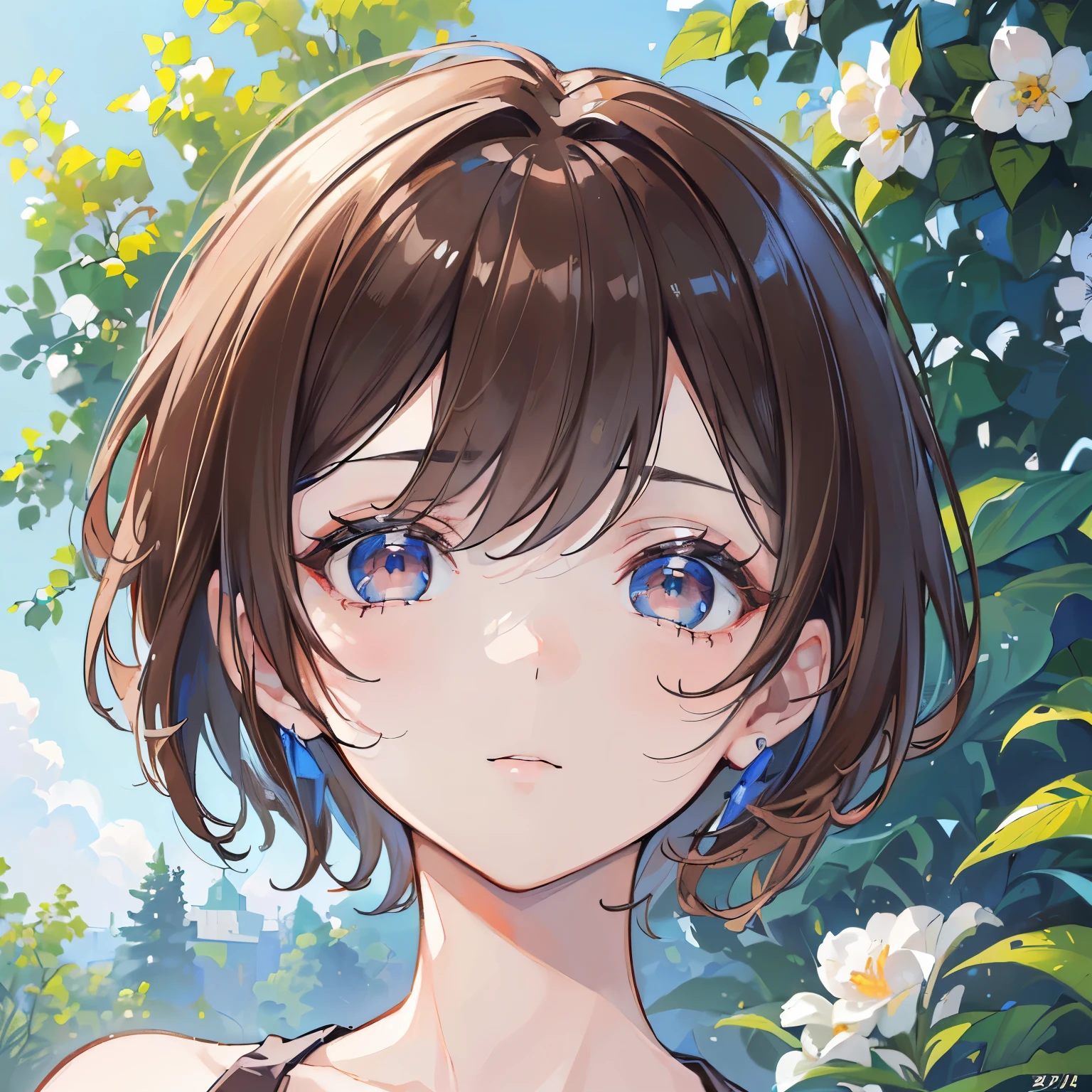 (masterpiece, best-quality, high resolution :1.3), (8k), ((27 year old woman, brown hair with blue highlights, palid skin, absolute short hair)), freckles gray eyes, garden scenery, middle breasts, face close-up, calm face