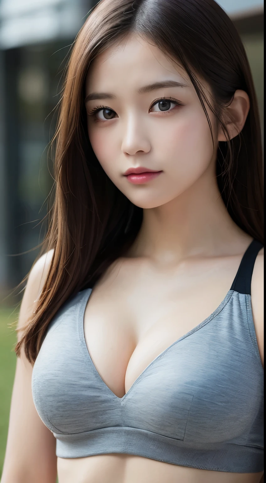 masutepiece, Best Quality, Illustration, Ultra-detailed, finely detail, hight resolution, 8K Wallpaper, Perfect dynamic composition, Beautiful detailed eyes, fitness wear, Natural Color Lip,cleavage