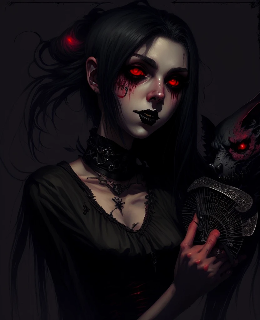 Garota vampiro, caninos compridos, roupa vermelha, sorriso malicioso, cabelo longo preto, Short strapless dress, mostrando grande parte dos seio grandes, decote generoso, Bare arms with horror tattoos, pose sensual, morcegos voando em volta, Gothic visual, rosto lindo, corpo perfeito
