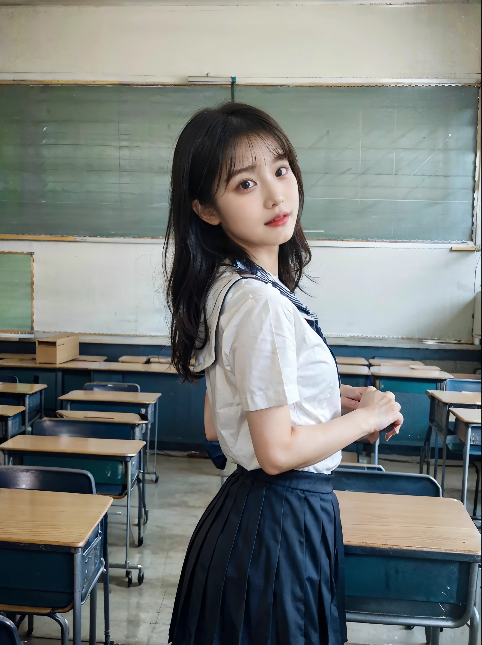 Silver Shortbob Hair:1.8, Beautiful women, Sideface、(Short Sleeve White Sailor School Uniform、Navy blue pleated skirt:1.5), Lift your butt:1.5,bare hands:1.5, extremely sexy, ultimate picture quality, (school classroom:1.5), bright light、cute face beautiful ass:1.2, constricted waist、Beautiful figure、 form、beautiful skin,
