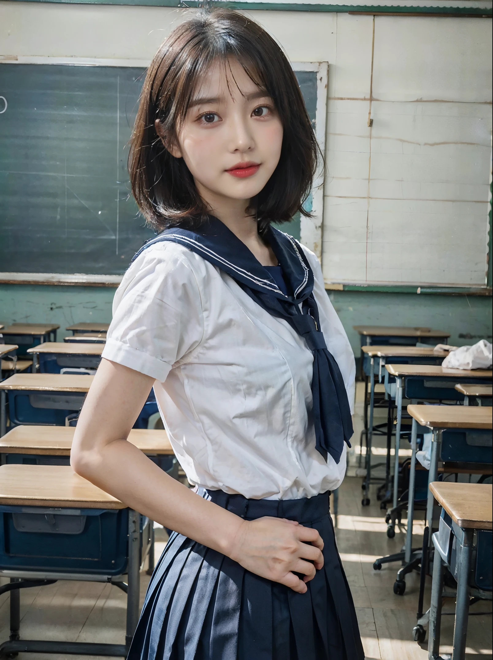 Silver Shortbob Hair：1.8, Beautiful women, Sideface、(Short Sleeve White Sailor School Uniform、Navy blue pleated skirt：1.5), Lift your butt：1.5，bare hands：1.5， extremely sexy, ultimate picture quality, (school classroom:1.5), bright light、cute face beautiful ass:1.2, constricted waist、Beautiful figure、 form、beautiful skin,