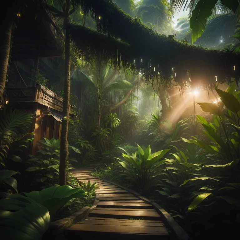 arafed walkway in a Jungle tropicale with a wooden structure, jungle fantastique, Cadre de jungle, Environnement de jungle, art nouveau Environnement de jungle, in a Environnement de jungle, fantasy style 8 k octane render, Belle jungle, jungle magique, In a very detailed jungle, overgrown Environnement de jungle, The background is lush jungle, Jungle tropicale, The jungle in arrière-plan