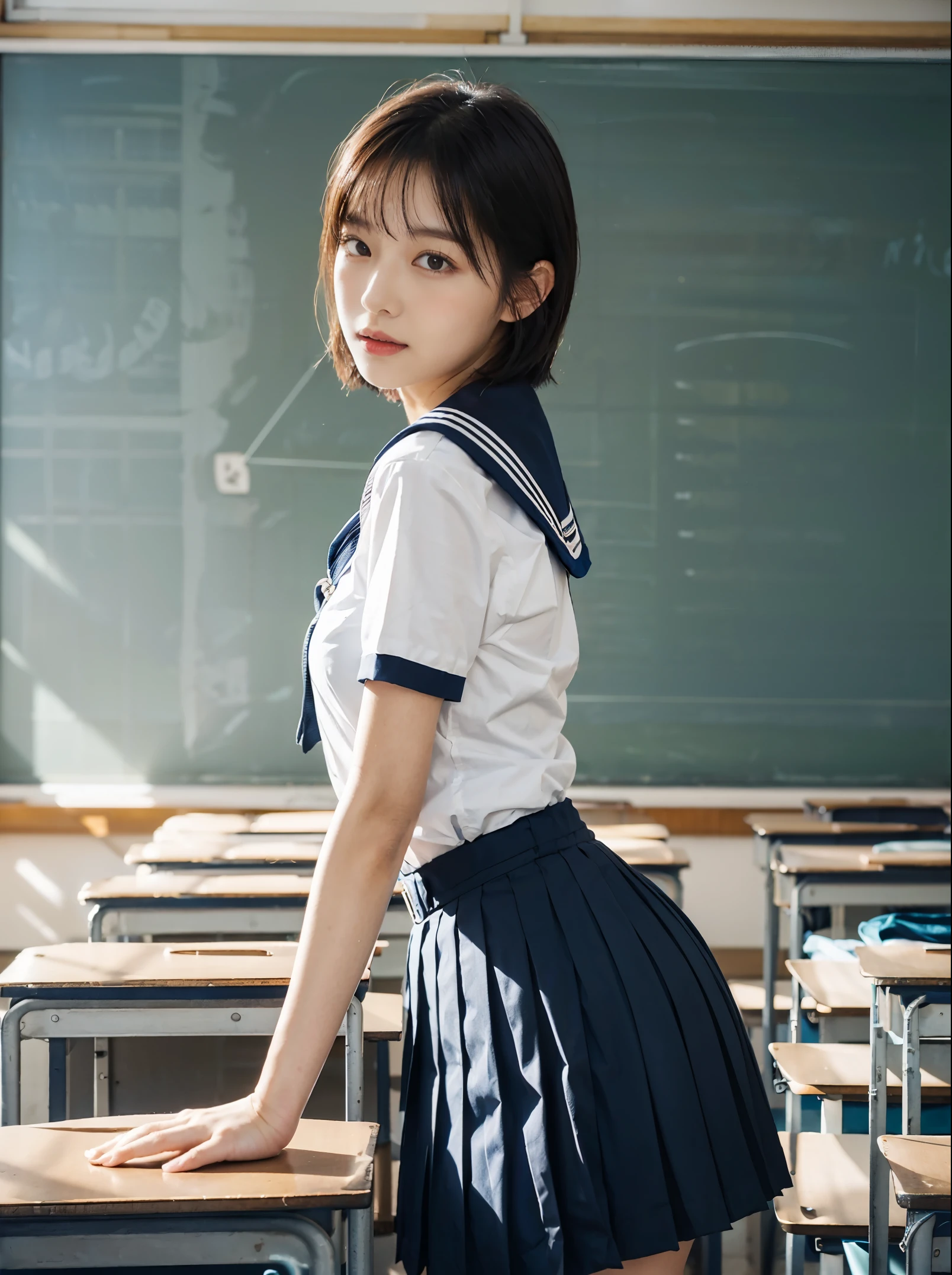 Silver Shortbob Hair：1.8, Beautiful women, Sideface、(Short Sleeve White Sailor School Uniform、Navy blue pleated skirt：1.5), Lift your butt：1.5，bare hands：1.5， extremely sexy, ultimate picture quality, (school classroom:1.5), bright light、cute face beautiful ass:1.2, constricted waist、Beautiful figure、 form、beautiful skin,