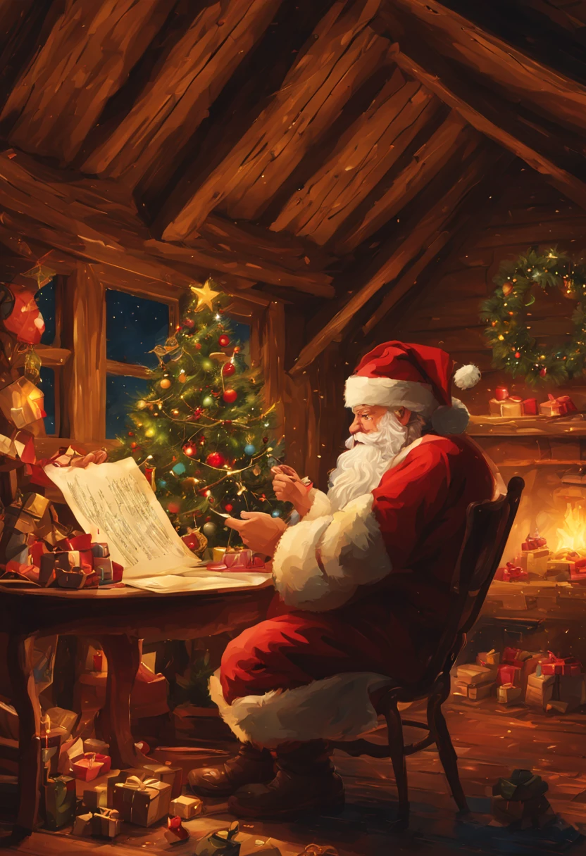 In a European style house，the Gilted Santa Claus is looking at the gift list，Christmas Tree Gift Decoration, santa, cada，Robin，Christmas elements，European style，The flat is full of Christmas gifts，Very high resolution, traditional art, Studio Santa Claus, ultrahigh resolution, illustration, Christmas Night, extremely high resolution, Santa Claus in a rural barn, Hyper Realisitc，exquisite、best quality、ultra detailed、colorful | gold filligree