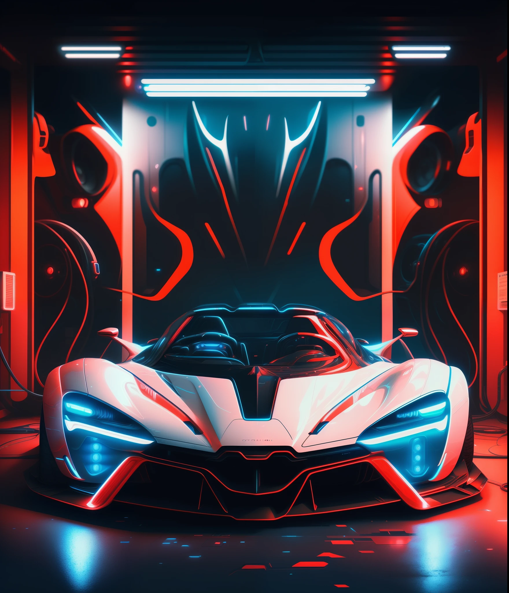 a futuristic car with red and blue lights in a garage, futuristic art style, futuristic digital painting, daniel maidman octane rendering, bastien grivet, retrofuturistic digital painting, stunning digital illustration, 8k stunning artwork, symmetrical digital illustration, in style of digital illustration, hyperralistic, 4k detailed digital art, in style of kyrill kotashev