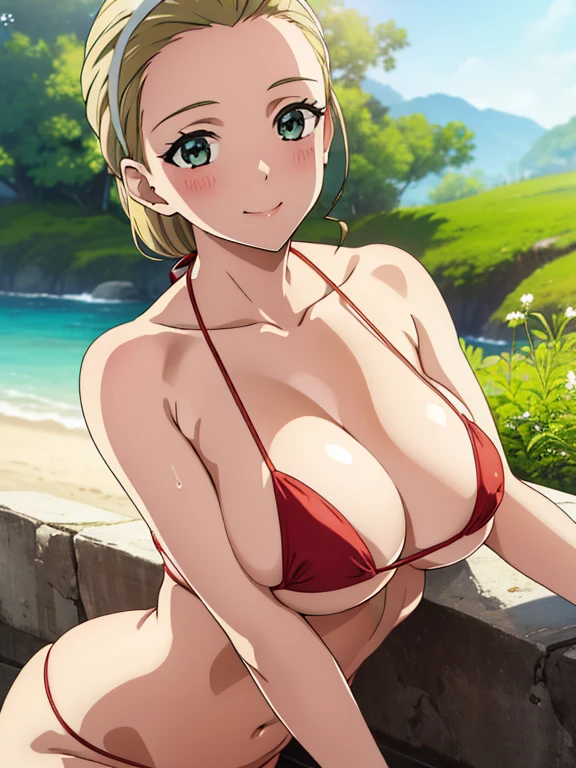 (masterpiece, top-quality, detaile, hight resolution, extremely delicate and beautiful, anime screen cap, anime colours, 8k, photorealistic), (red&white Micro Bikini:1.5), (huge drooping breasts:1.5, cleavage:1.5), akebi sasaki, hairband, 1girl, (15years old), dark green eyes, smile, blush, ((front view:2.0, leaning forward:1.5, Upper body, slim:1.5, down arms, sit)), ((perfect detailed anatomy, Beautiful eyes&hair, beautiful face, beautiful breast&body, Shiny skin)), in beach, Sweat,