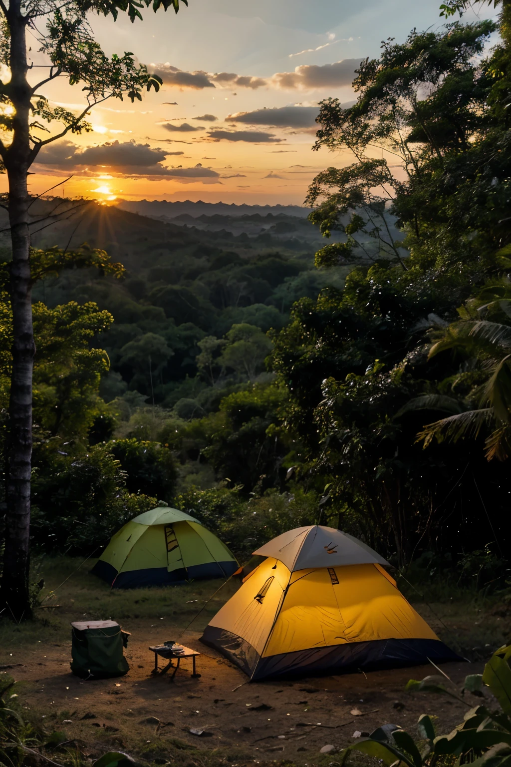 crie uma imagem com acampamento, in tropical forest in summer, ao por do sol