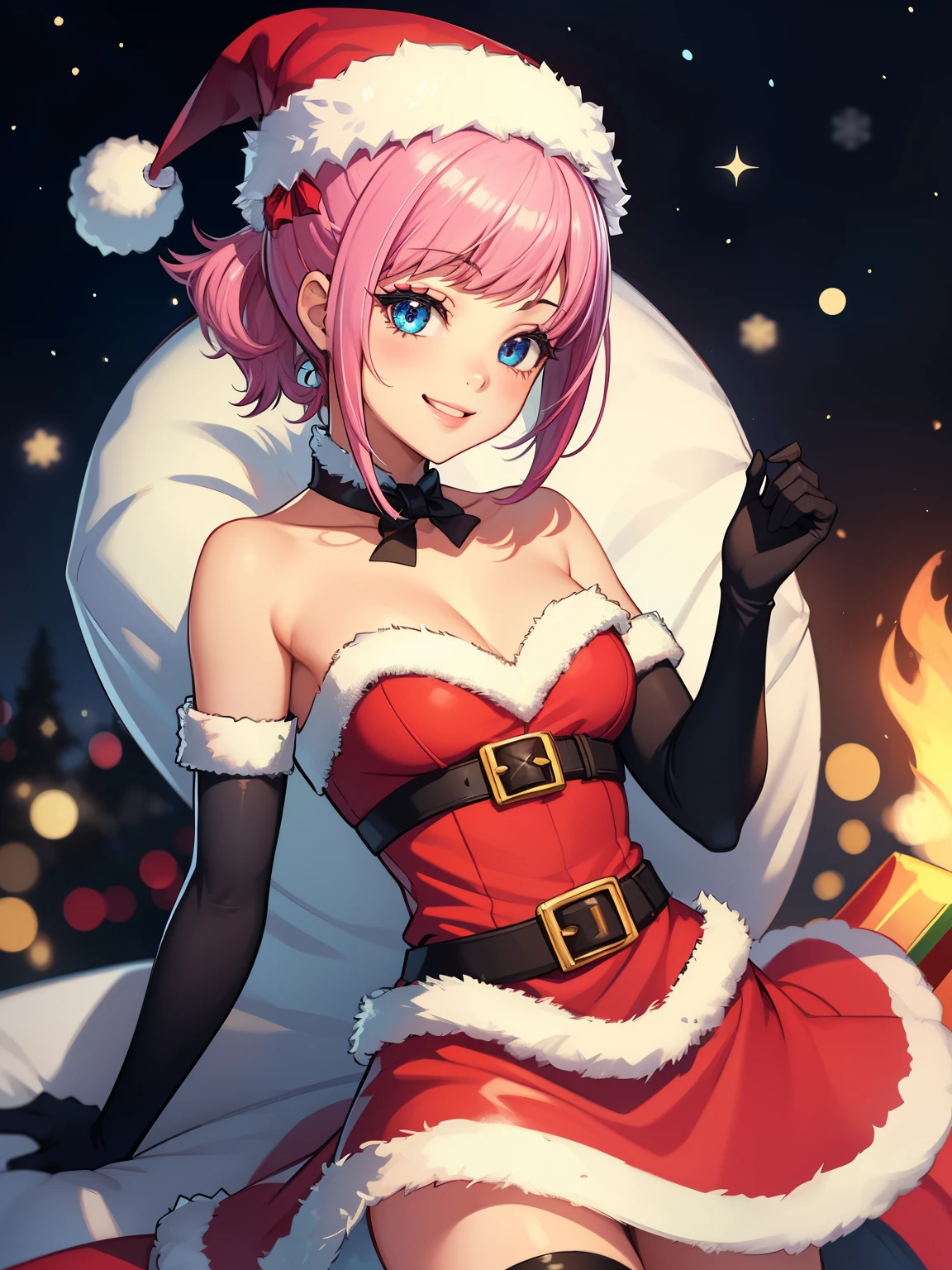 1girl, solo, masterpiece, best quality, high res, highly detailed, (illustration), beautiful detailed eyes, Hortensia \(Fire Emblem: Engage\), pink hair ,glossy lips, makeup, smile, long white elbow gloves, cowboy shot, (santa), red santa dress, santa hat, strapless dress, white elbow gloves