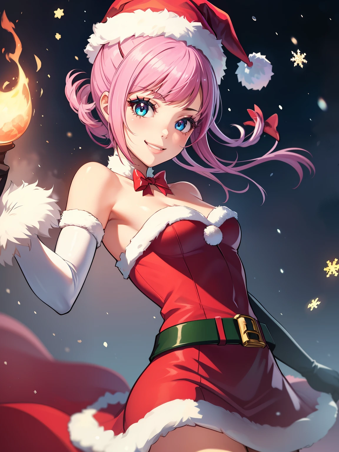 1girl, solo, masterpiece, best quality, high res, highly detailed, (illustration), beautiful detailed eyes, Hortensia \(Fire Emblem: Engage\), pink hair ,glossy lips, makeup, smile, long white elbow gloves, cowboy shot, (santa), red santa dress, santa hat, strapless dress, white elbow gloves