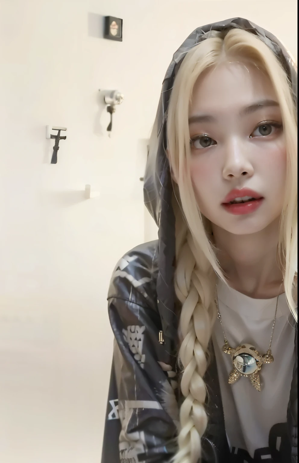 Mujer rubia con pelo largo con una sudadera con capucha y un collar de cruz., Ava Max, Diosa rubia, con cabello largo y rubio, 18 years old, Parece una mezcla de grimes, she Parece una mezcla de grimes, 1 6 years, Cabello largo y rubio y ojos grandes, Cara como Ester Exposito, Cabello largo y rubio y ojos grandes