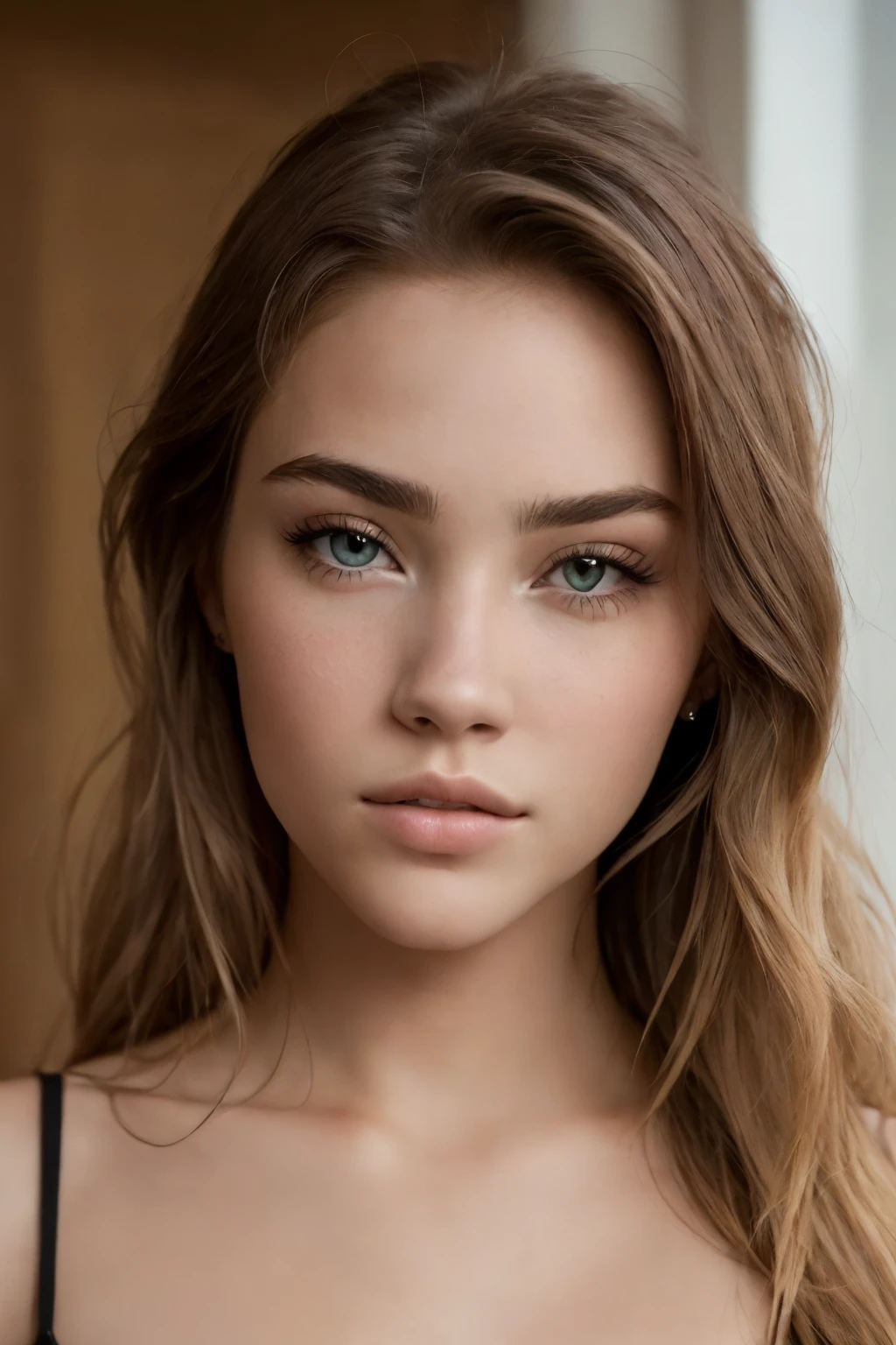 Close-up of a woman with long hair and a black top, Portrait Sophie Mudd, Sydney Sweeney, portrait of Barbara Palvin, extremely beautiful face, magnifique jeune mannequin, magnifique visage attrayant, visage parfait model, visage parfait ), beau visage, Barbara Palvin, beautiful fine face features, Beau visage et peau impeccable, beau visage attrayant