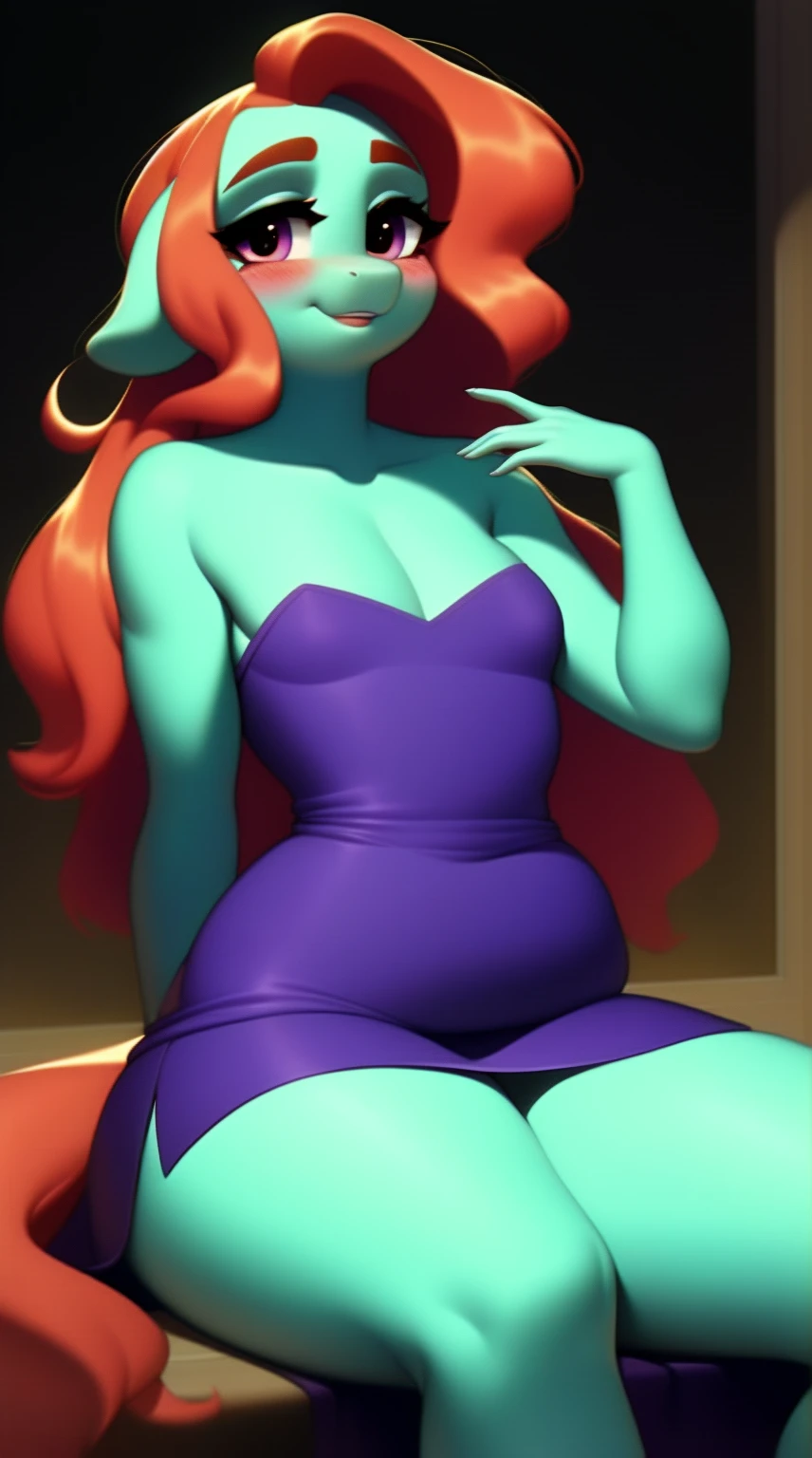 (score_9), (source_pony), (solo), (earth pony), ((anthro jazz hooves :1.1)), (strapless dress), sexy, blushing, seductive look, floppy ears, long messy hair, anatomically correct, night garden, very flat chest, half body, anime art style, solo, hourglass figure, curvy, plump body, chubby, cute, high res, thick thighs, facing straight at viewer, thick thighs, spread legs,