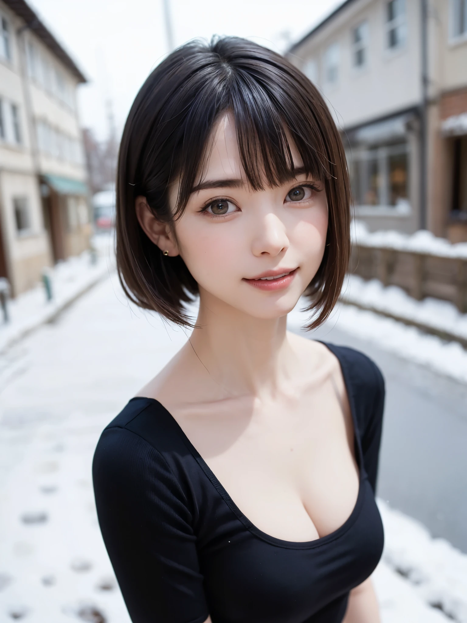 (masterpiece, top-quality),1girl in, 独奏, hyper realisitic, Photorealistic,realisitic, looking at the viewers, brown eyes of light color:1.4,Brunette short bob hair with highly detailed shiny hair, Winter clothes in bright colors, lepangas:1.4), plein air, a closed mouth, The upper part of the body、big eye、Lashes、{Gigantic|Big|Huge|Mega} breasts:1.4, cleavage:1.4、(((big eye、Short bob hair、Intense highlights of the pupils、gazing at viewer、She is a very beautiful and cute beauty、Put your ears out、long neck、smil、Close your mouth and smil、bangs beautiful teeth)))、Ideal ratio body proportions、(Snow-covered tree-lined streets in Norway in winter)