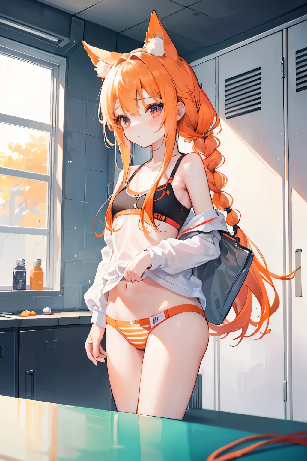 Highest quality illustrations:1.2), (kawaii girl:1.1), (2girls、8years old、、Gamine、A tiny、kawaii、cute little、tiny chest、ultradetailed eyes:1.2)、(Yuri、the kiss、hug from behind、Grabbing the、Eyes half closed、eyecontact:1.erspiring、Hugged、red blush:1.1)、 BREAK Black cute sport Bra and blonde hair、Red stripped Bra and white hair、camisole、cotton panties、school skirt、Blonde white hair、White-haired, long straight hairstyle、low space buns hairstyle, Light red and braided hair、break(Locker Room:1.2)、(evening、evening、Orange Sunlight:1.2)、 BREAK(top-quality、ultra-detailliert、highly detailed and beautiful、超A high resolution、Detailed arm:1.2)、nsfw Beautiful pool
