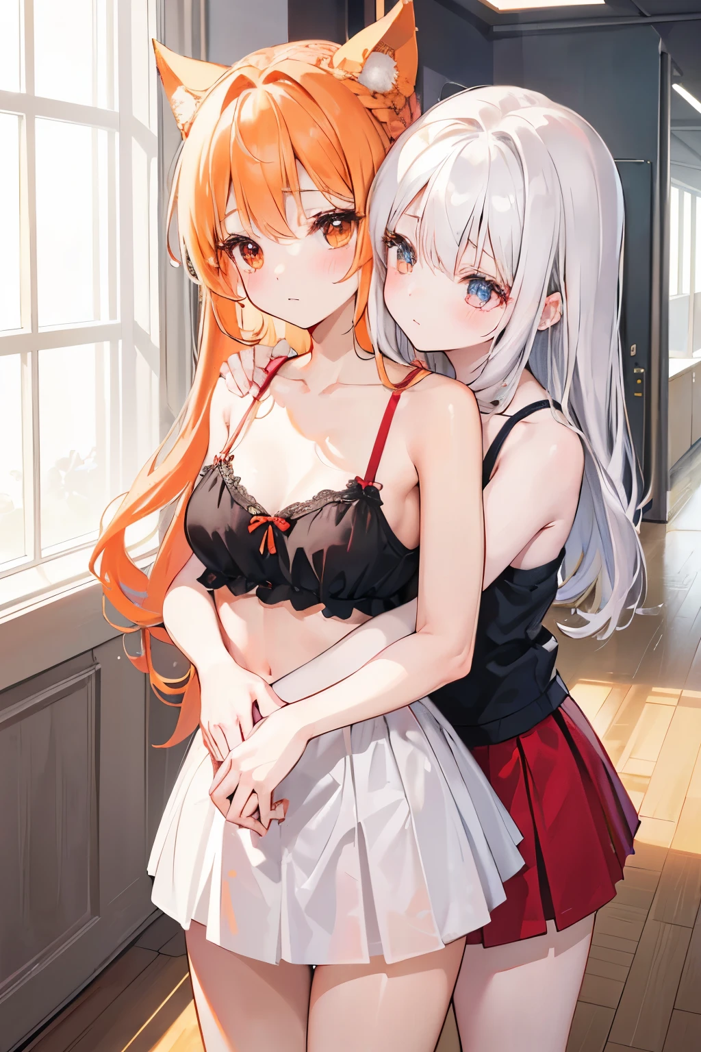 (anime style),masterpiece, best quality, extremely detailed,tanned skin,12yo,hug each other 2SISTARsl,kissing,dark skin Beautiful body,bouncing_breasts,BREAK,multicolored colorful hair,short hair,twin braids,BREAK,black eyes,naughty smile,shy,eyes half open,thick eyebrow,smug,open mouth,eyes widen,sensual face,smile face,detailed lips,False eyelashes,BREAK,cotton red big ribbon,BREAK, blackow camisole dress,midriff baring outfit,frilled clothing,bridal gown,lmicroskirt,break,head tilt,coquettish pose