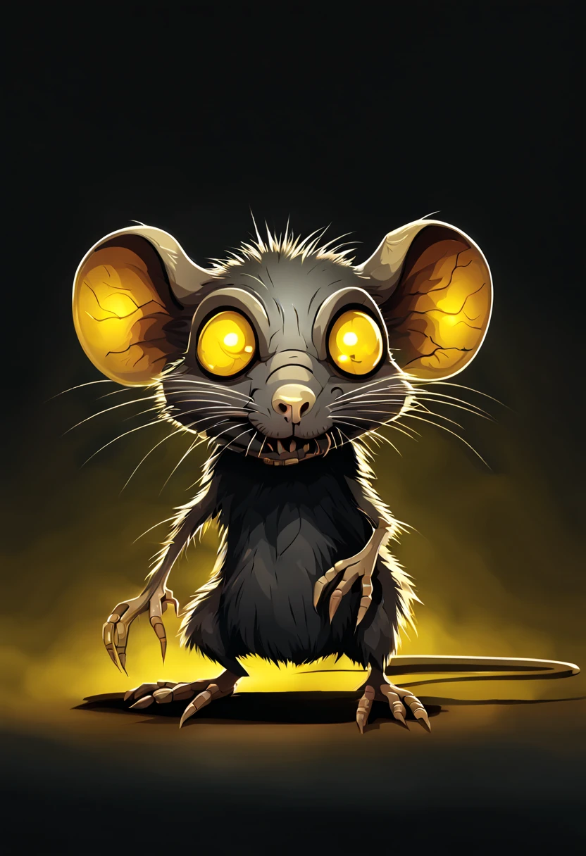 Bipedal rat-like creature with evil glowing yellow eyes, brown fur with a dark gray metal shell covering it and rusty nails protruding from its shell and body, master part, best quality, in classic cartoon style
