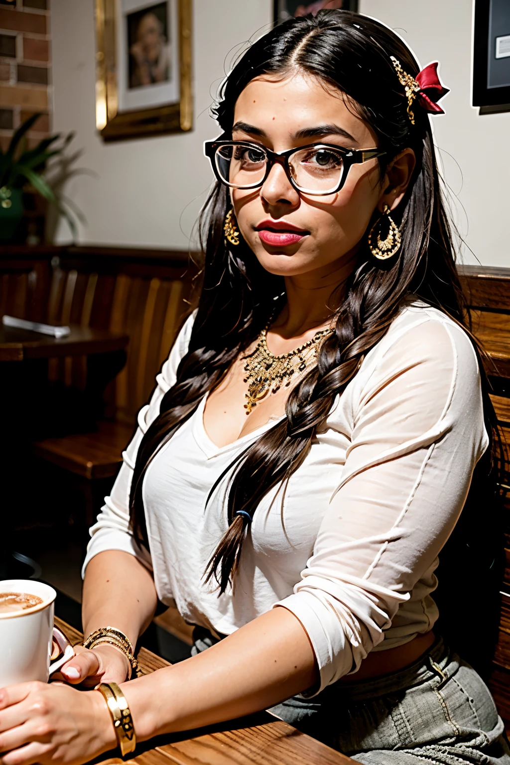 A photo of a young, plump nerdy Aztec Mexican woman sitting in a cafe with hot chocolate mug, wearing a white shirt and a bow, intricate gold jeweled necklace and bracelets, rune tattoos, realistic stretch marks and cellulite, surrounded by a cozy cafe atmosphere, looking at the viewer.
Long braided brown hair, plump, full red lips, round nose, transparent fabric, flirting with the camera