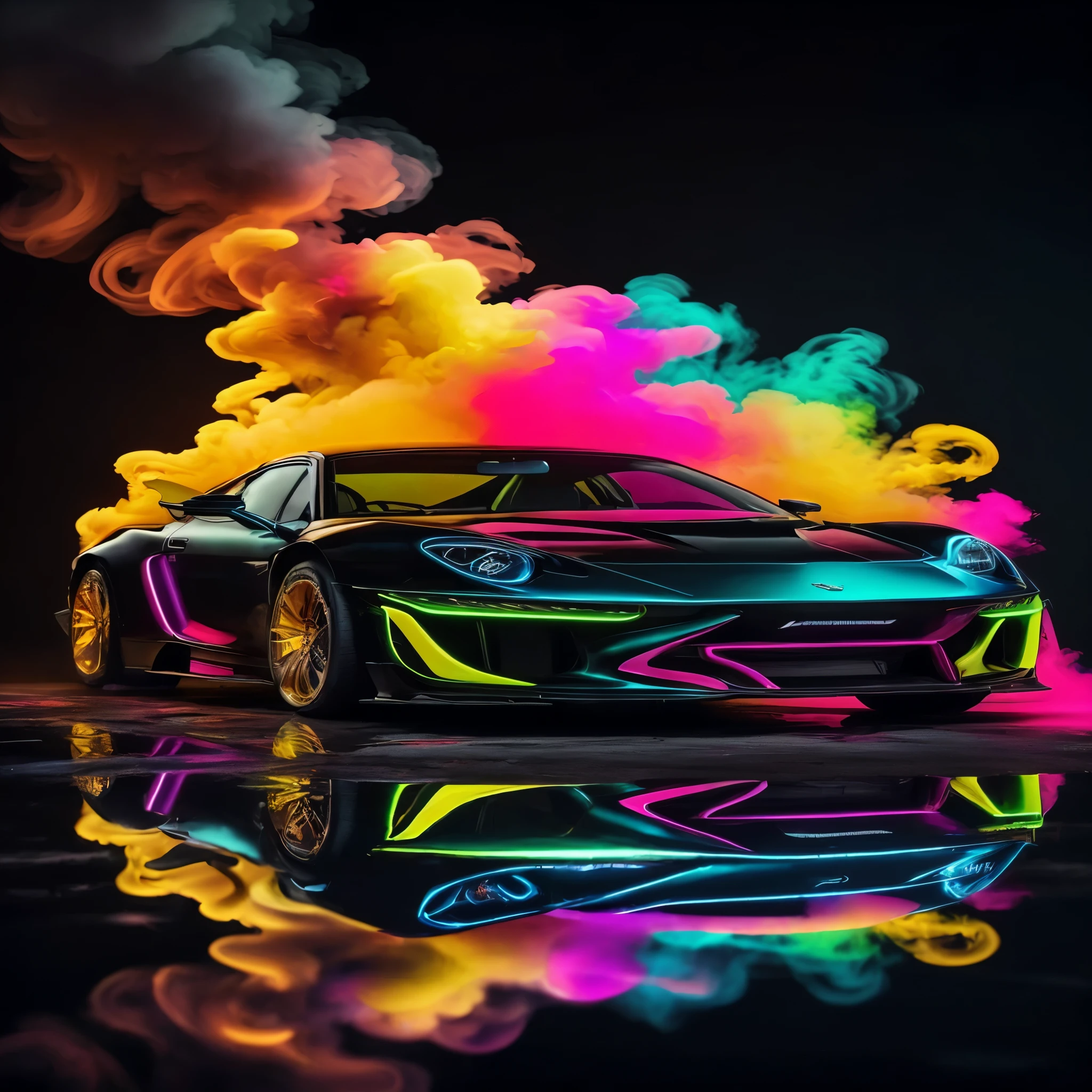 a car with neon paint on it and smoke coming out of the hood, hyper colorful, colorful high contrast, incredible colors, super colorful, extremely colorful, colorful glow, colorful high contrast hd, neon smoke, amazing colors, colorful 8 k, ultraviolet and neon colors, colored neons, vibrant neon colors, colorful 4k, amazing colours, highly colorful