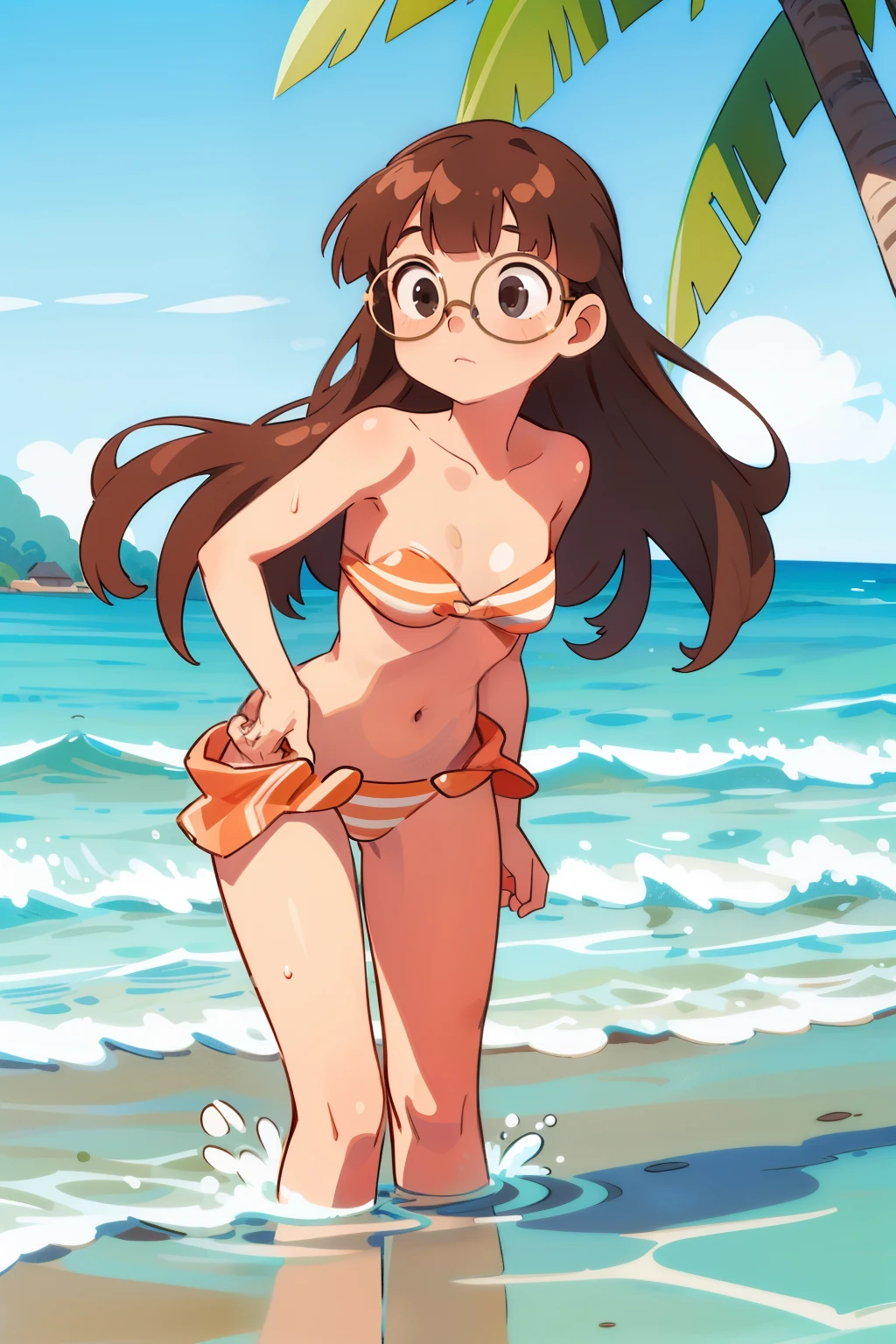Girl, long brown hair, bangs, glasses and small frame, topless beach, beach, in the water, exposing boobs, boobs just above the water, no top, boobs, topless, standing in the water, water till the waist, hands on top of beeast, covering boobs with hands