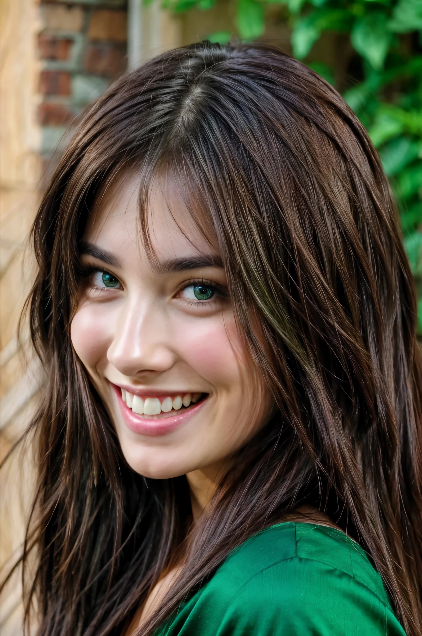 Beautiful brunette, laughing, green eyes, long hair, front face