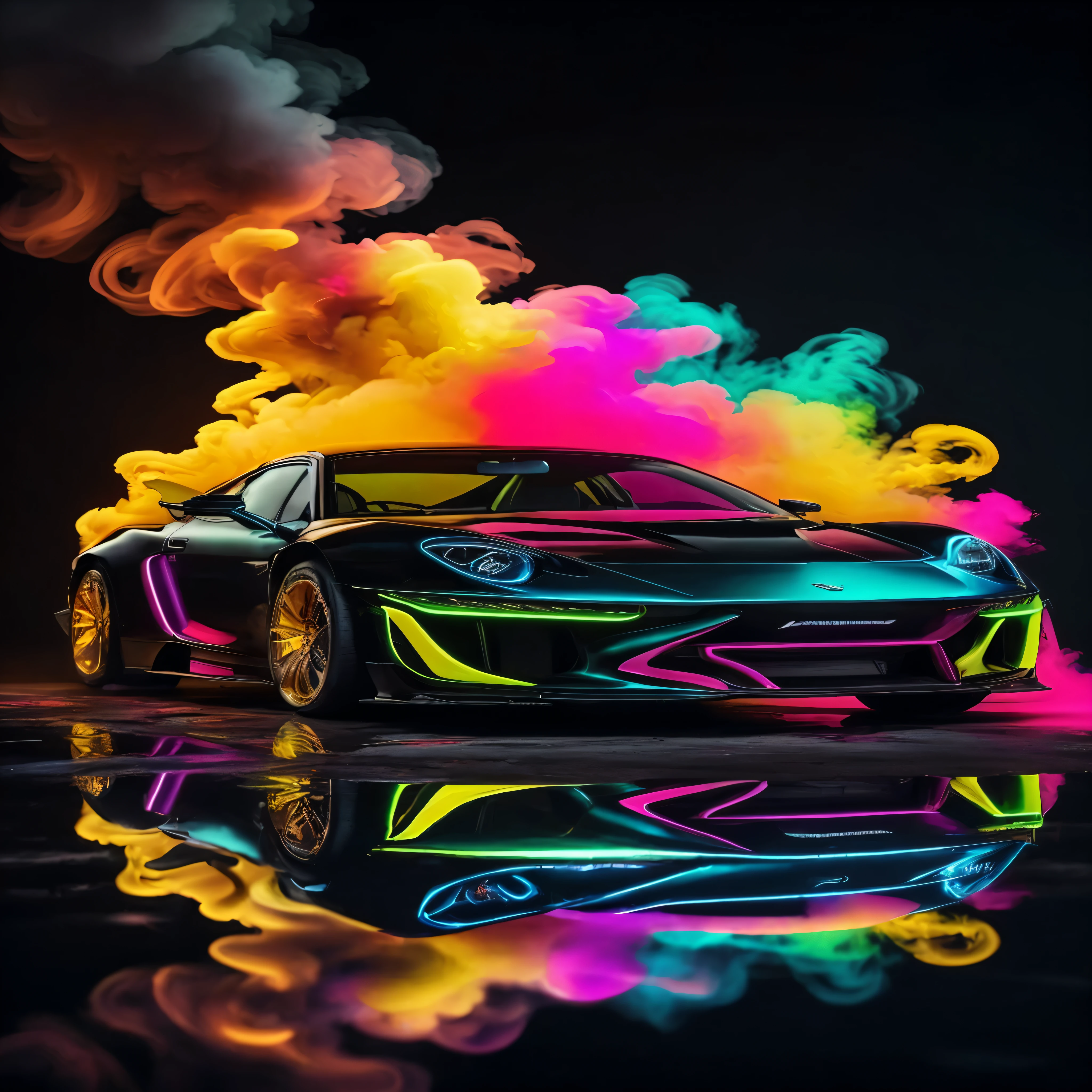 a car with neon paint on it and smoke coming out of the hood, hyper colorful, colorful high contrast, incredible colors, super colorful, extremely colorful, colorful glow, colorful high contrast hd, neon smoke, amazing colors, colorful 8 k, ultraviolet and neon colors, colored neons, vibrant neon colors, colorful 4k, amazing colours, highly colorful