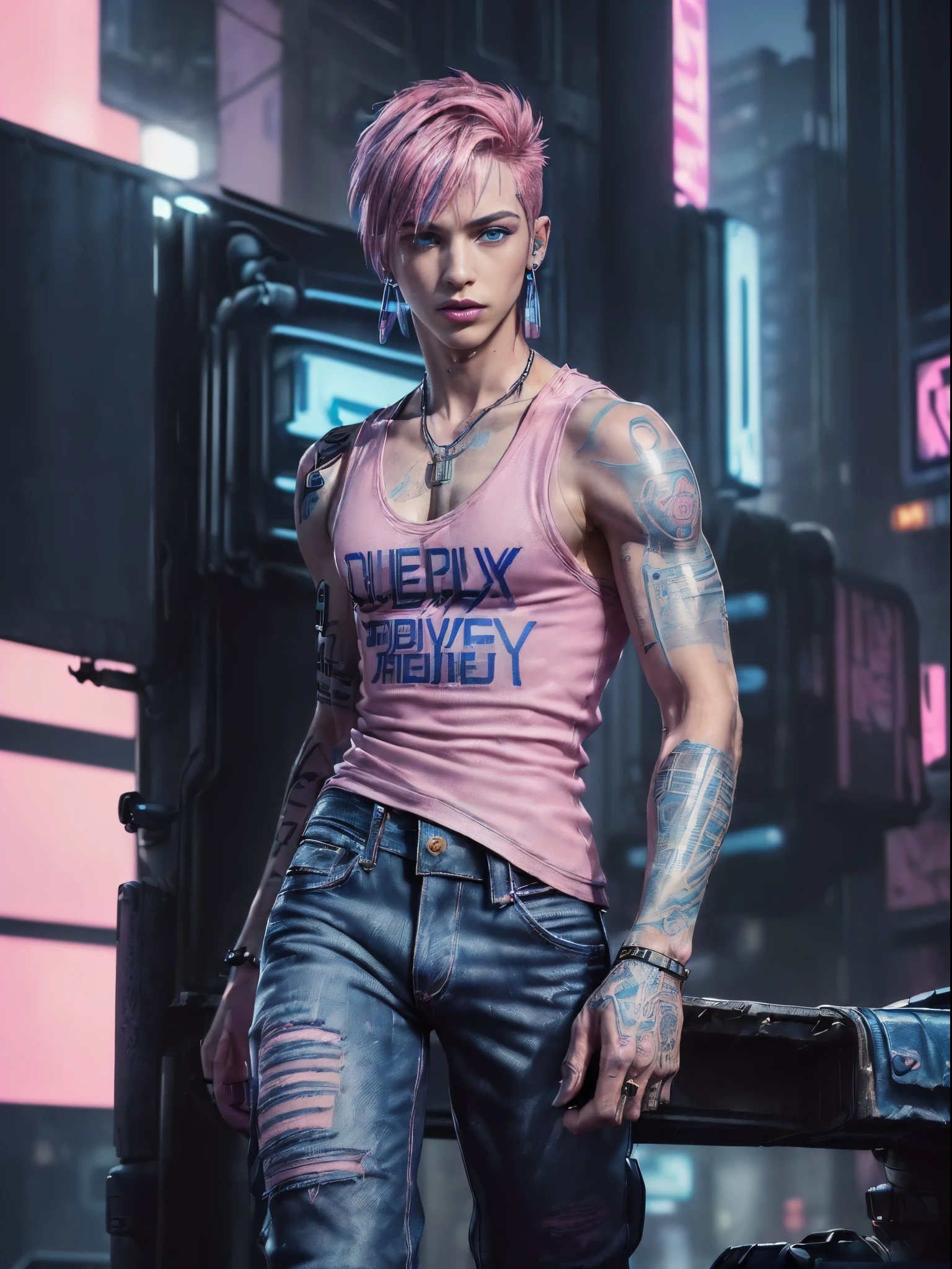 (best quality: 1.5), (Masterpiece: 1.5), (very high detailed: 1.5), (4k resolution: 1.5), 1boy, (20 years old: 1.2), (beautiful cyberpunk boy: 1.5), (tall boy: 1.3), (seductive blue eyes: 1.5), (very short pink hair: 1.4), (colorful tattoos on hands and neck: 1.4), (cyberpunk city: 1.4), (wear tank top men: 1.4), (wear blue jeans: 1.4), (cyberpunk blue shoes: 1.2), (earrings: 1.4), (wide lips: 1.5), (perfect photography: 1.4), (pink lipstick: 1.5)