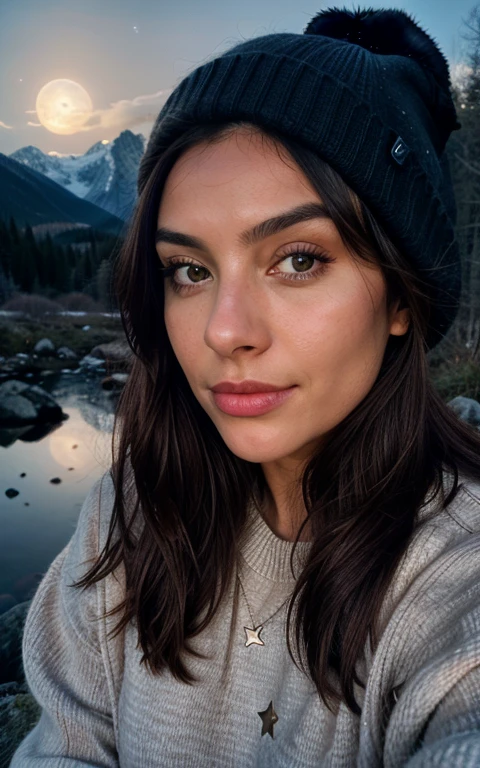 photorealistic, best quality, hyper detailed, beautiful woman, selfie photo, upper body, solo, wearing pullover, outdoors, (night), mountains, real life nature, stars, moon, (cheerful, happy), sleeping bag, gloves, sweater, beanie, flashlight, forest, rocks, river, wood, smoke, fog, clear sky, analog style, looking at viewer, skin texture, film grain, close up, ultra high res, best shadow, RAW, instagram LUT