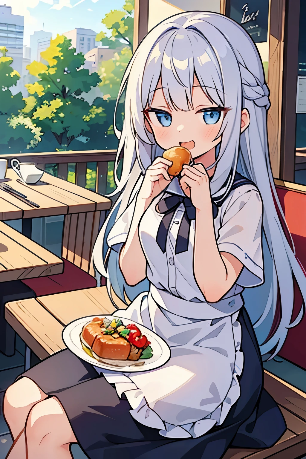((masterpiece)), high resolution, ((best quality)), 1girl, vibrant colors, female, sharp focus, depth of field, cinematic lighting, long hair, silver hair, blue eyes, laughing, at restaurant, food, wide view, god rays, sitting down, casual clothes