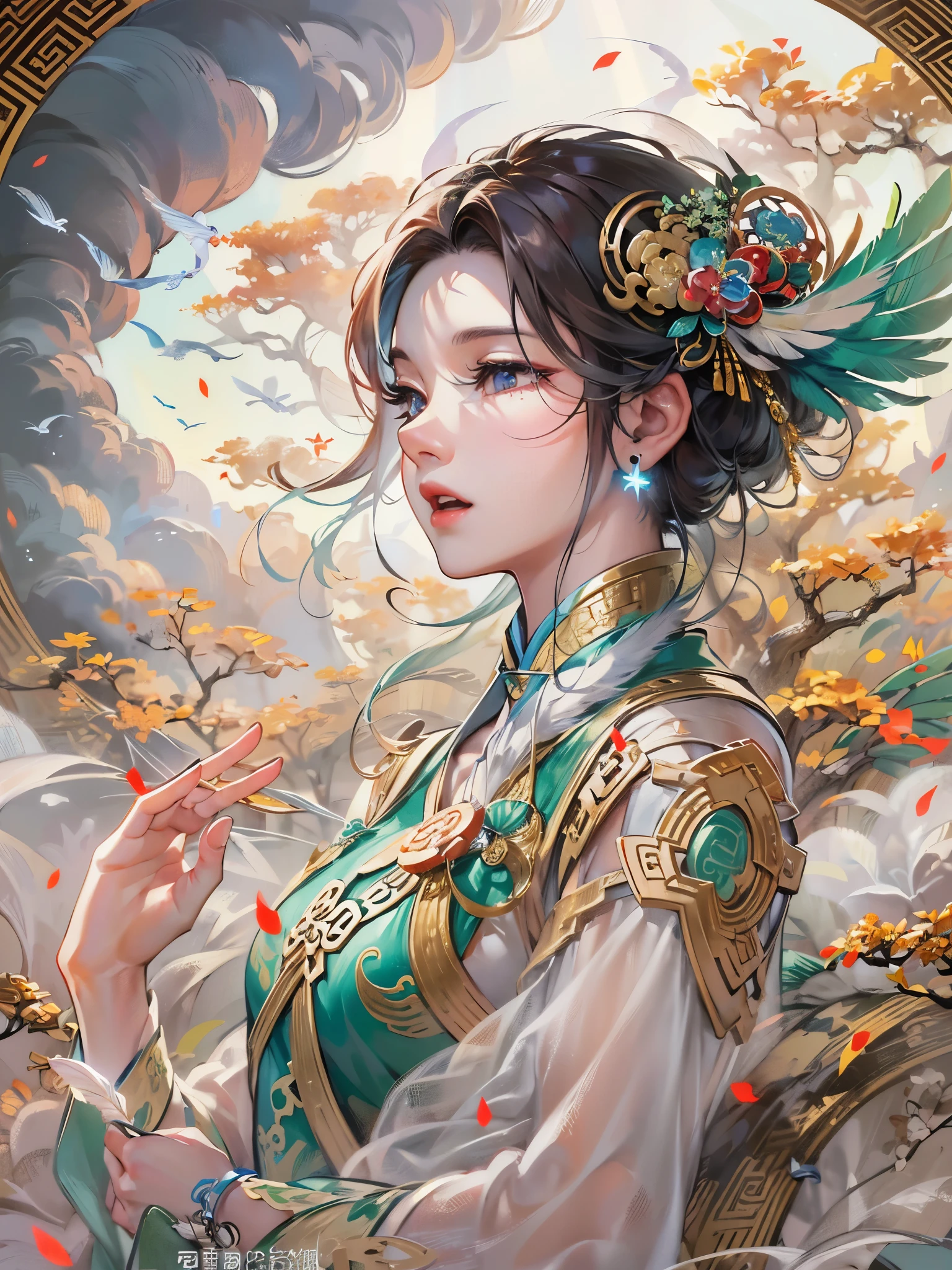 ((Finest quality)),(超A high resolution),(ultra-detailliert),(Meticulous portrayal),((Best CG)),(Finest works of art),Ultra-Precision Art,The art of astounding depiction,(Chinese-style fantasy art with detailed depictions:1.5), (one celestial maiden:1.8),Beautiful and well-groomed face,Beautiful down to the tips of your toes,(plumage:1.8), Sunshine:1.3,Gentle breeze:1.3