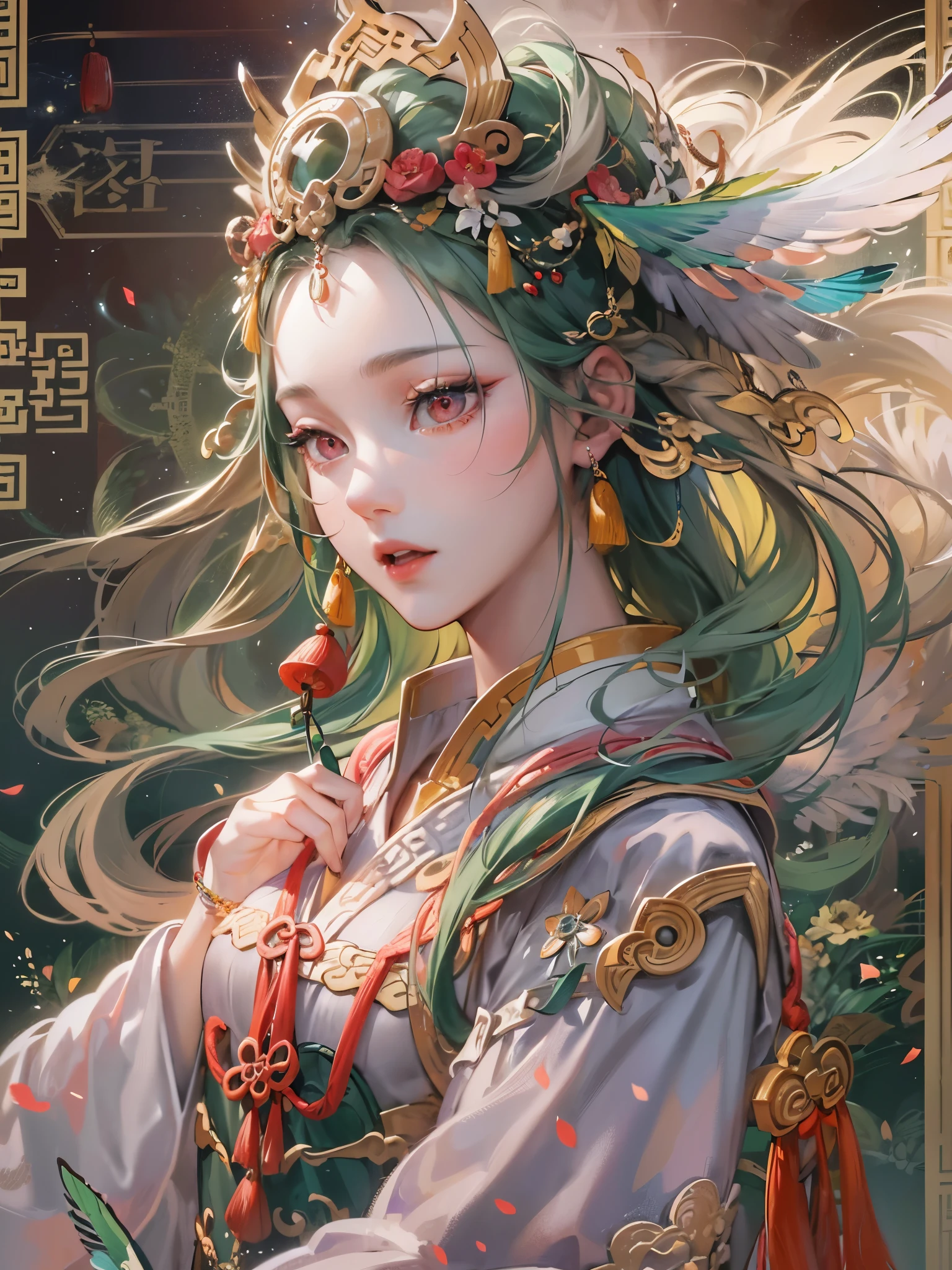 ((Finest quality)),(超A high resolution),(ultra-detailliert),(Meticulous portrayal),((Best CG)),(Finest works of art),Ultra-Precision Art,The art of astounding depiction,(Chinese-style fantasy art with detailed depictions:1.5), (one celestial maiden:1.8),Beautiful and well-groomed face,Beautiful down to the tips of your toes,(plumage:1.8), Sunshine:1.3,Gentle breeze:1.3