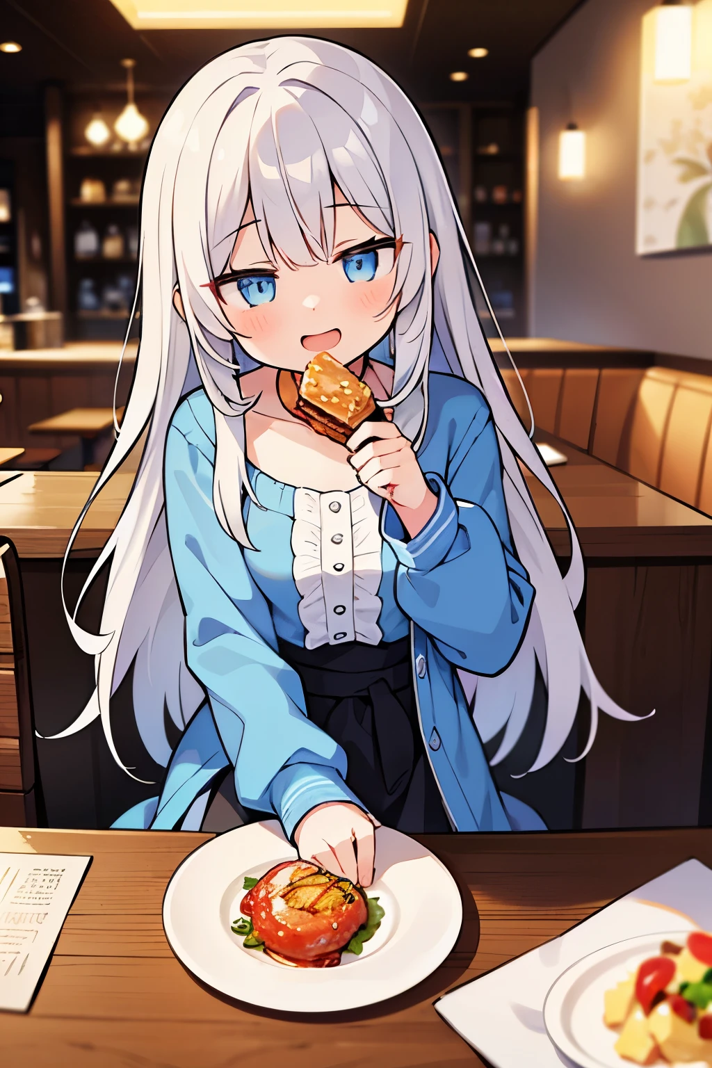 ((masterpiece)), high resolution, ((best quality)), 1girl, vibrant colors, female, sharp focus, depth of field, cinematic lighting, long hair, silver hair, blue eyes, laughing, at restaurant, food, wide view, god rays, sitting down, casual clothes