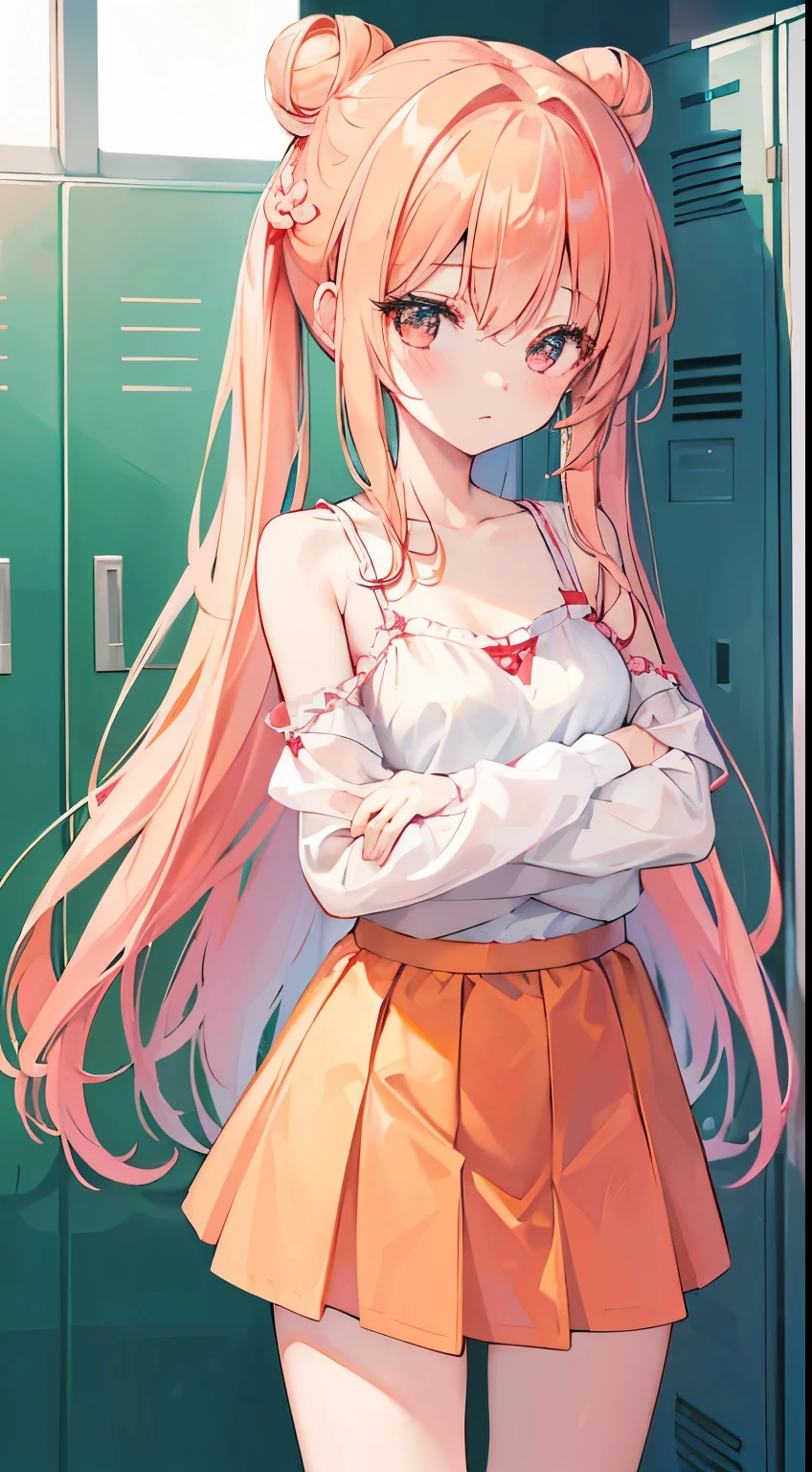 Highest quality illustrations:1.2), (kawaii girls:1.1), (((2girls)))、8ars old、Lolis、Gamine、A tiny、kawaii、cute little、tiny chest、ultradetailed eyes:1.2)、(Yuri、the kiss、hug from behind、Grabbing the、Eyes half closed、eyecontact:1.erspiring、Hugged、red blush:1.1)、 BREAK first girl, Black cute sport bra and panties, blonde hair, low space bun hairstyle、BREAK second girl, Red stripped Bra, white hair、long straight wavy hair, BREAK camisole、school skirt, Light red and braided hair、break(Locker Room:1.2)、(evening、evening、Orange Sunlight:1.2)、 BREAK(top-quality、ultra-detailliert、highly detailed and beautiful、超A high resolution、Detailed arm:1.2)、NSFW, Beautiful pool