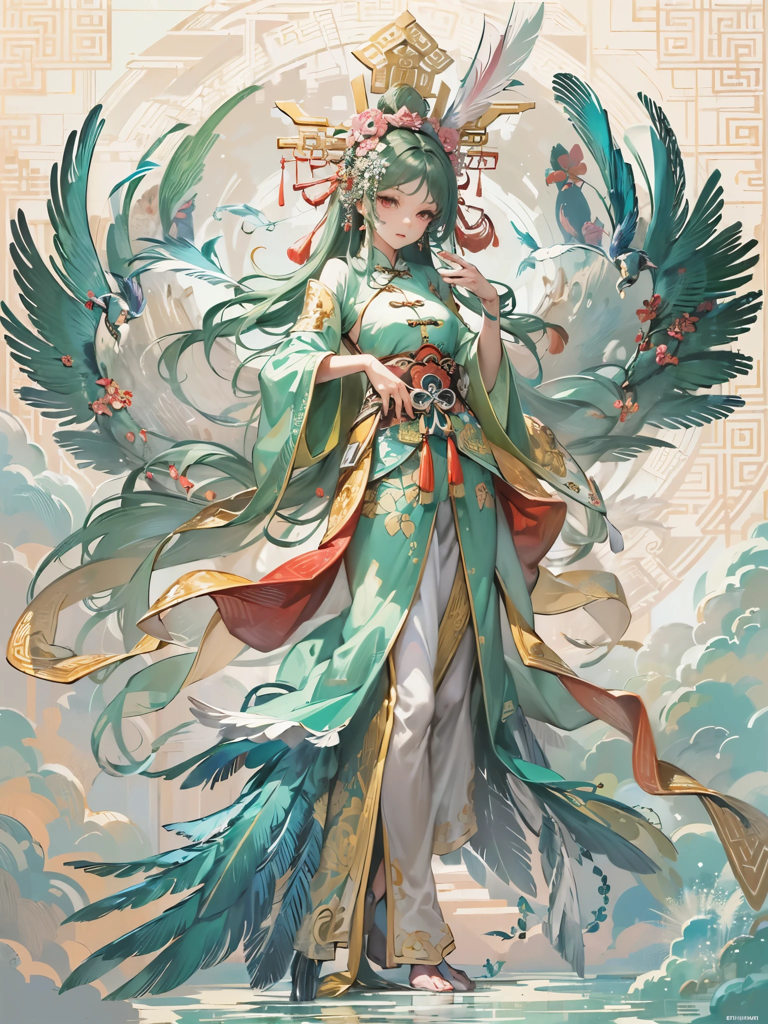 ((Finest quality)),(超A high resolution),(ultra-detailliert),(Meticulous portrayal),((Best CG)),(Finest works of art),Ultra-Precision Art,The art of astounding depiction,(Chinese-style fantasy art with detailed depictions:1.5), (one celestial maiden:1.8),Beautiful and well-groomed face,ssmile:1.5,Beautiful down to the tips of your toes,(plumage:1.8), Sunshine:1.3,Gentle breeze:1.3