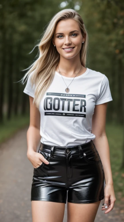 Hyperrealistic and detailed full body photo of a young woman, smiling blond beautiful woman, wearing tight leather shorts and a T-shirt. outside. Die Sonne scheint. Perfekte Augen, (Augen-Make-up:1.1), (Hochdetaillierter Skin:1.1), .RAW, Analoger Stil, Scharfer Fokus, 8K UHD, DSLR, High quality, Fujifilm XT3, Korn, awards winning, Meisterwerk.
