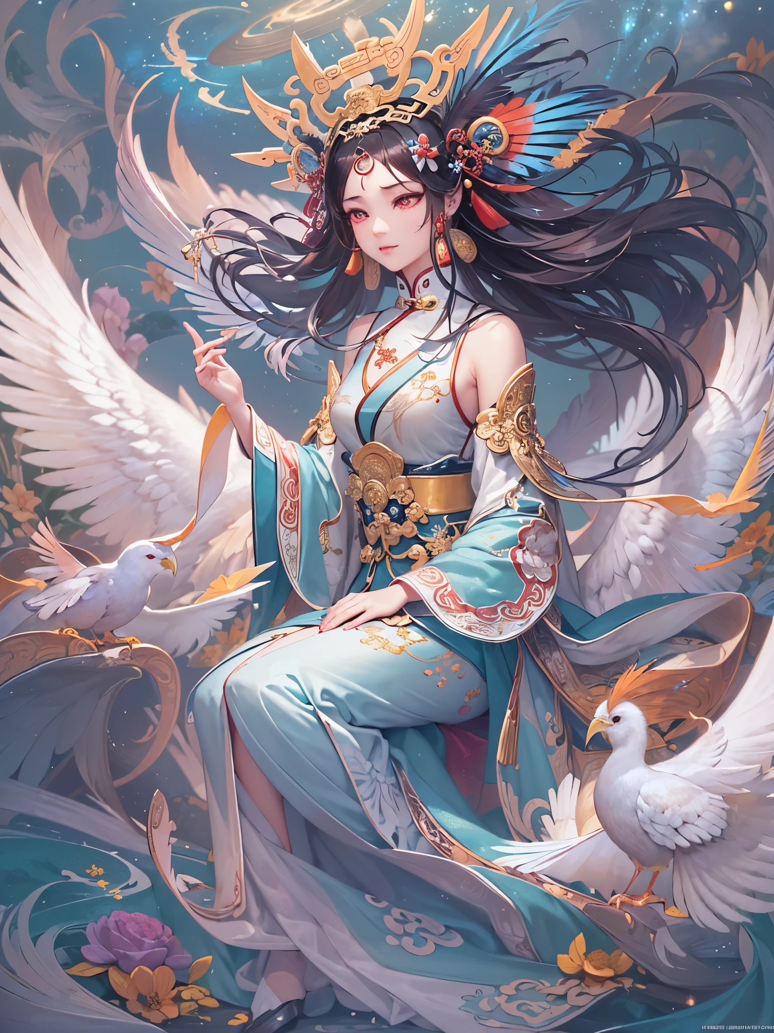((Finest quality)),(超A high resolution),(ultra-detailliert),(Meticulous portrayal),((Best CG)),(Finest works of art),Ultra-Precision Art,The art of astounding depiction,(Chinese-style fantasy art with detailed depictions:1.5), (one celestial maiden:1.8),Beautiful and well-groomed face,ssmile:1.5,Beautiful down to the tips of your toes,(plumage:1.8), Sunshine:1.3,Gentle breeze:1.3