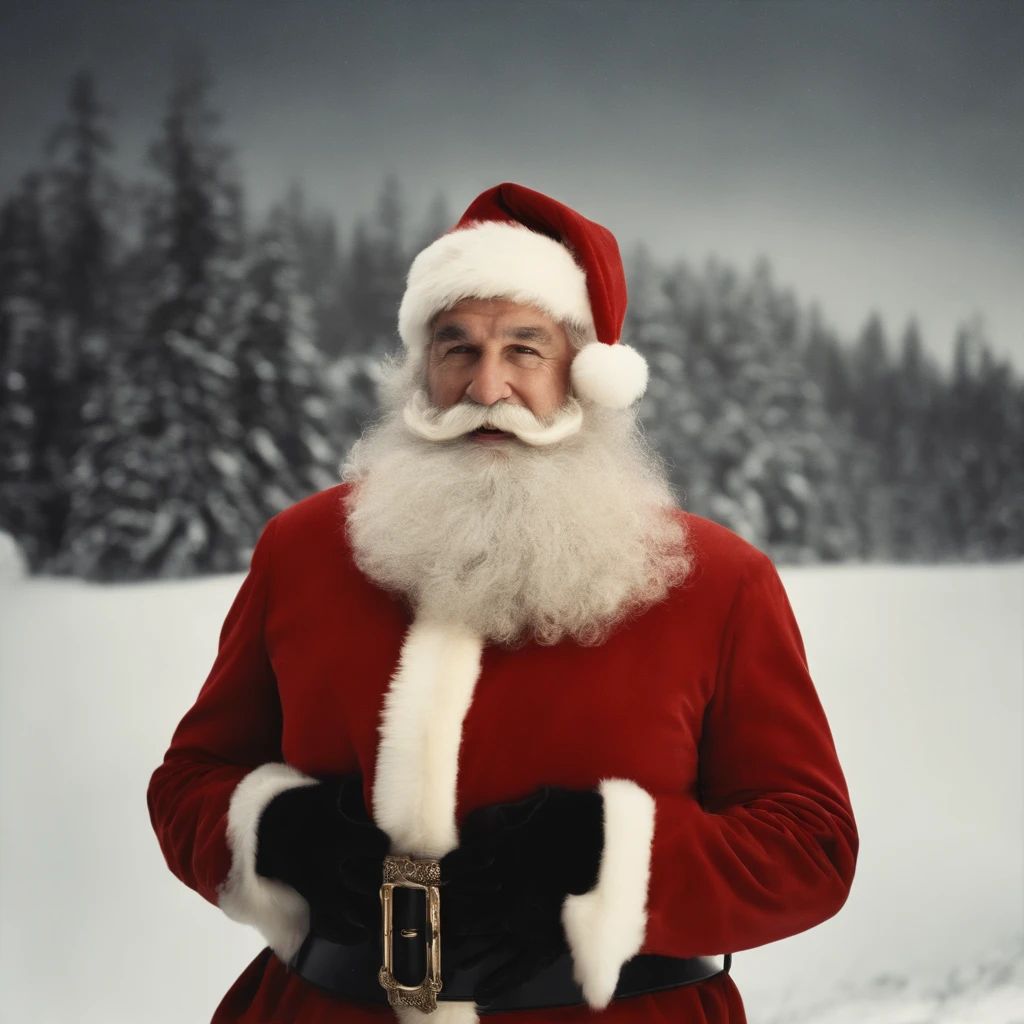 RAW photo,Santa Claus:1.2,1957,portrait,retro,black and white,vintage film,high contrast,grainy texture,creases,"old fashioned beard:1.1","detailed eyes:1.1","rosy cheeks","twinkling eyes","kind smile","eyebrows and mustache","fur-trimmed red suit","white gloves","shiny black boots","thick belt with golden buckle","snowy background","frosty air","magic in the air","wrinkles and lines on the face","nostalgic feeling",film grain,authentic,monochrome,enigmatic expression,magical atmosphere,beautifully aged photograph,classic Santa Claus appearance,traditional outfit,playful expression.