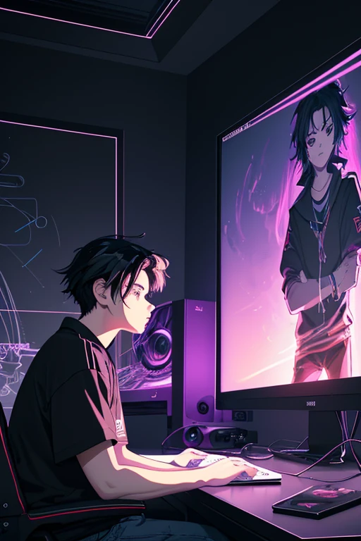 (masterpiece), (best illustration),(with human),(boy),(black hair), anime background, gaming bedroom, television with large computer, ring lighting , rim lighting,(extremely detailed CG unity 8k wallpaper),(masterpiece), (best quality), (vaporwave style), (ultra-detailed), (best illustration),(best shadow),perfect lighting , perfect anatomy , vivid colors,