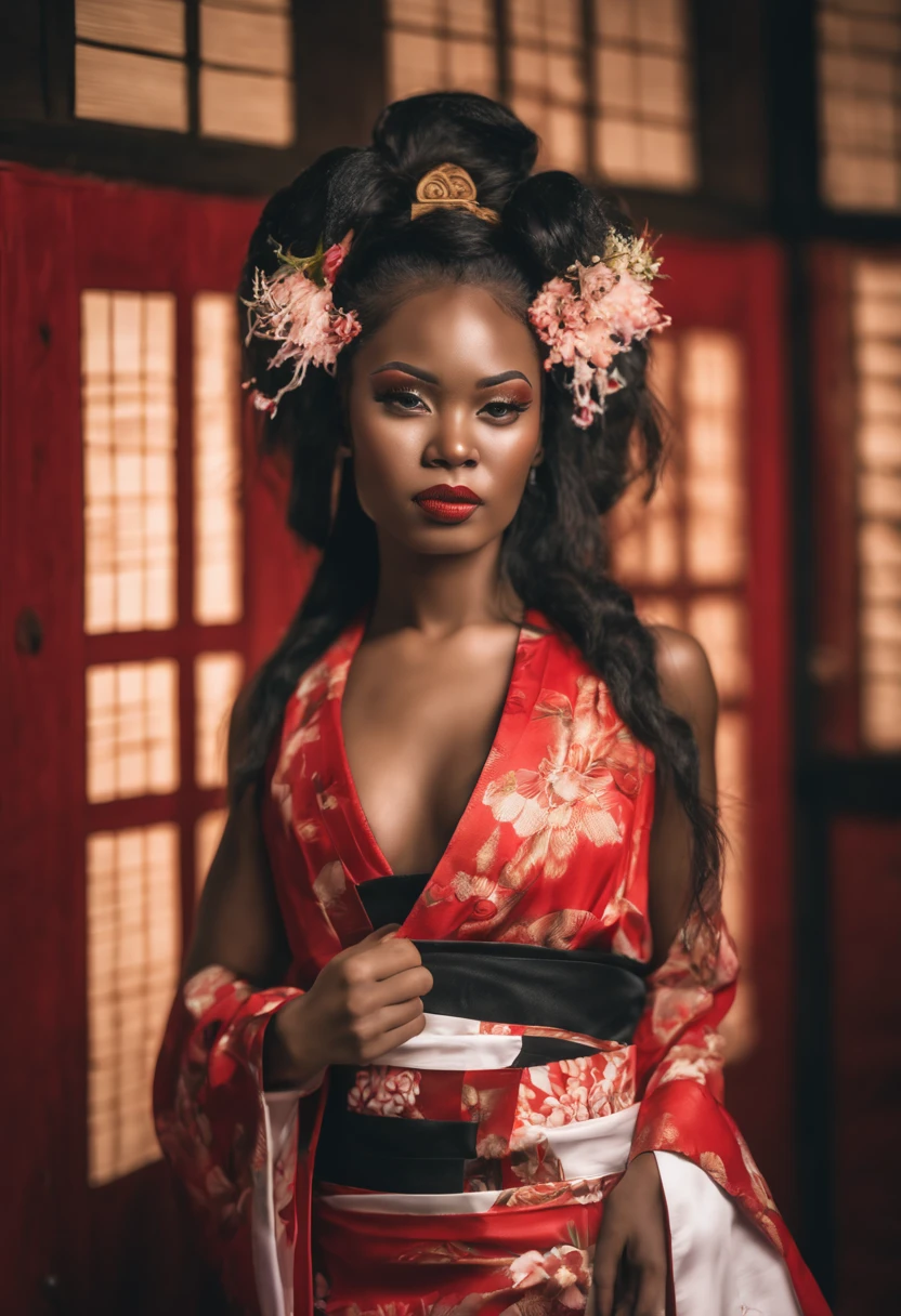 (a beautiful 18 year old Melanesian woman:1.4), (((Sie ist eine Krieger-Geisha-Frau))), ((Kampf-Geisha-Pracht)), (Hochdetailliertes Gesicht:1.5), ((erotischer Gesichtsausdruck:1.1)), (Muskulatur:1.6), (standing in a doorway:1.2), (Indoor bright light background), (8K, UHD, DSLR, High quality, Filmische Beleuchtung, bokeh), (dramatisch, award-winning photography, incredible Meisterwerk:1.3), Super sexy Pose, (sexy female fitness model body), Meisterwerk, Fokus auf ABS