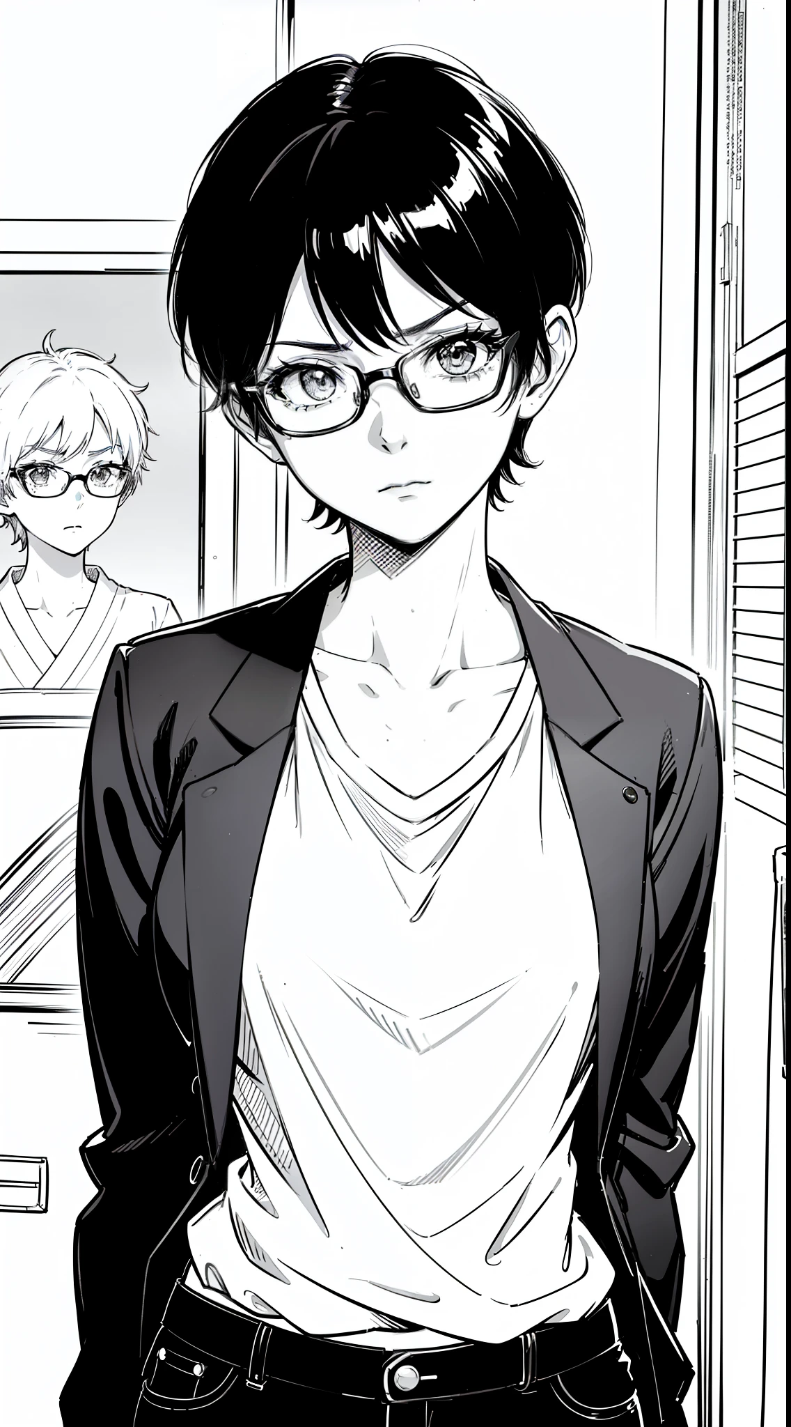 {8k image}, 1beautiful japanese woman (tanned), 20 years old, short black hair (pixie cut), scar on nose, busty, wearing glasses, wearing a black shirt with sports jacket, looking at the viewer with a serious expression, facing the camera, looking ahead, close up of face, no background, manga art style, lineart, detailed lineart, monochrome