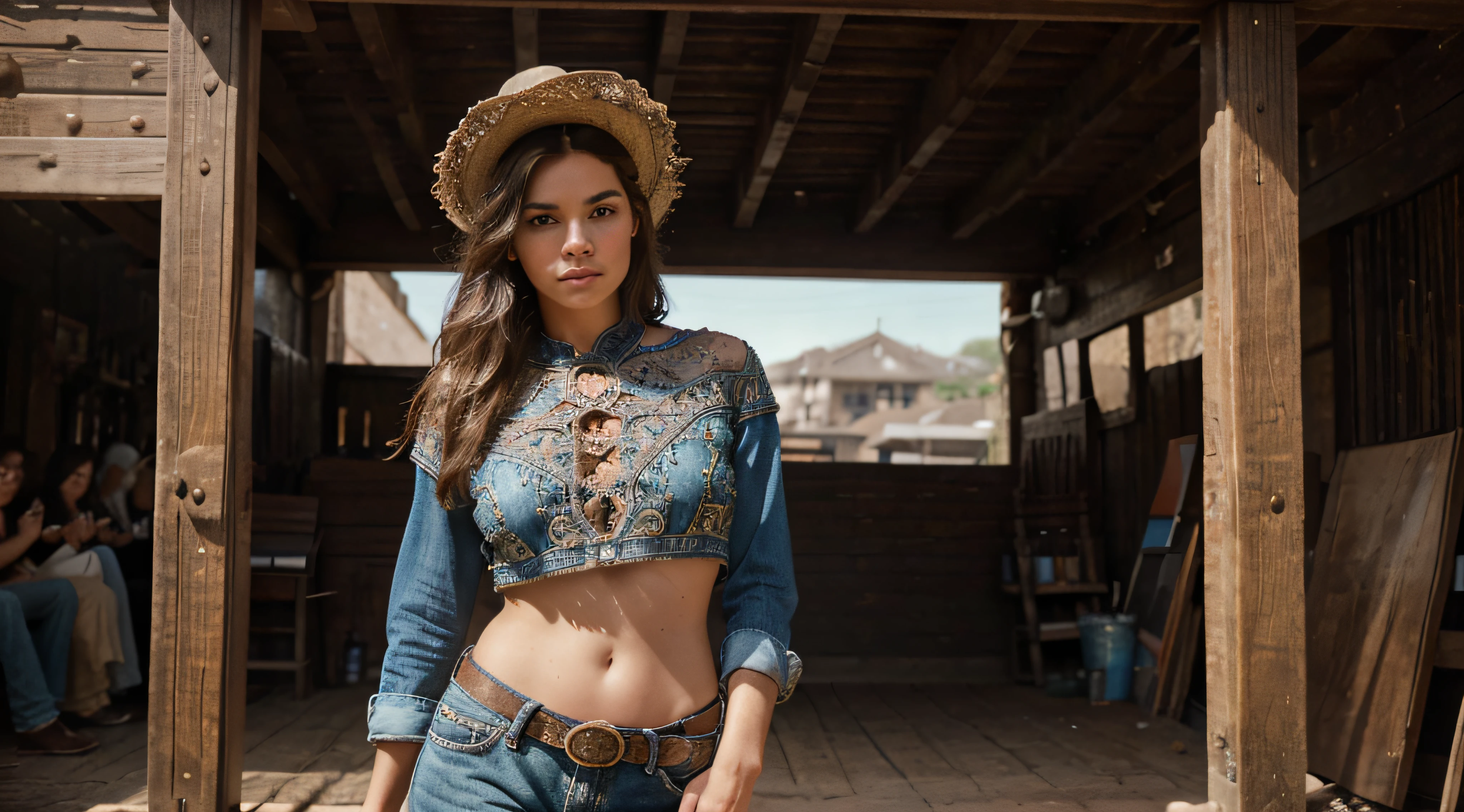 cinematic portrayal, ((parte superior do corpo)), facing the audience, (realidade :1.3), A foto de arte mais bonita do mundo, a woman looks at the camera, Looks jeans vintage, Cowboy ocidental, rosto bonito detalhado, action shot, (intrincado :1.4), Fundo ocidental, Realistic photography, dia, CG, Stand de Arte, Miniatura do YouTube, sem nudismo