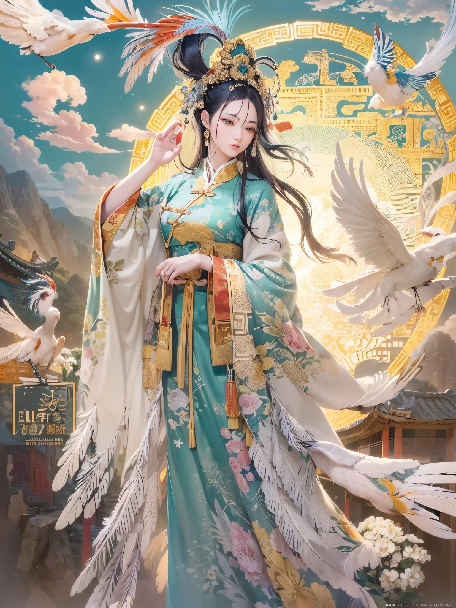 ((Finest quality)),(超A high resolution),(ultra-detailliert),(Meticulous portrayal),((Best CG)),(Finest works of art),Ultra-Precision Art,The art of astounding depiction,(Chinese-style fantasy art with detailed depictions:1.5), (one celestial maiden:1.8),Beautiful and well-groomed face,ssmile:1.5,Beautiful down to the tips of your toes,(plumage:1.8), Sunshine:1.3,Gentle breeze:1.3