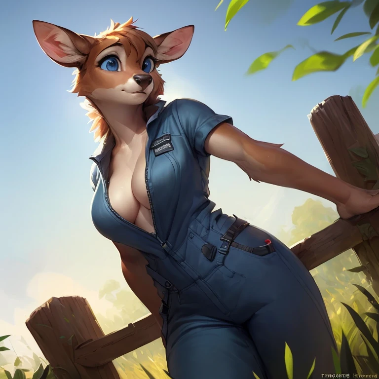 uploaded on e621, by Pixelsketcher, by Bayard Wu, by Thomas Benjamin Kennington , by Einshelm, Solo female deer with anthropomorphic female fallow deer ((beautiful breasts)) pa (furry tail) pa ((transparent dark blue eye body portrait)), BREAK, ((Wear a dirty work jumpsuit)), sweaty, nervous, Embarrassed (detailed Bonifasko lighting), (Detailed fur), (detailed skin), BREAK, ((facing viewer pa leaning against a wooden fence in a field of crops with hpa between legs)), (Cinematic lighting), ((Detailed background)), ((low-angle view)), (three-quarter view), (half body shadow), [Backlighting], [crepuscular ray], [Detailed ambient light], [gray natural lighting], [ambient light on the belly], (higher wildlife feral detail), [explict content], [sharp-focus], (Questionable content), (shaded), ((Masterpiece)), BREAK