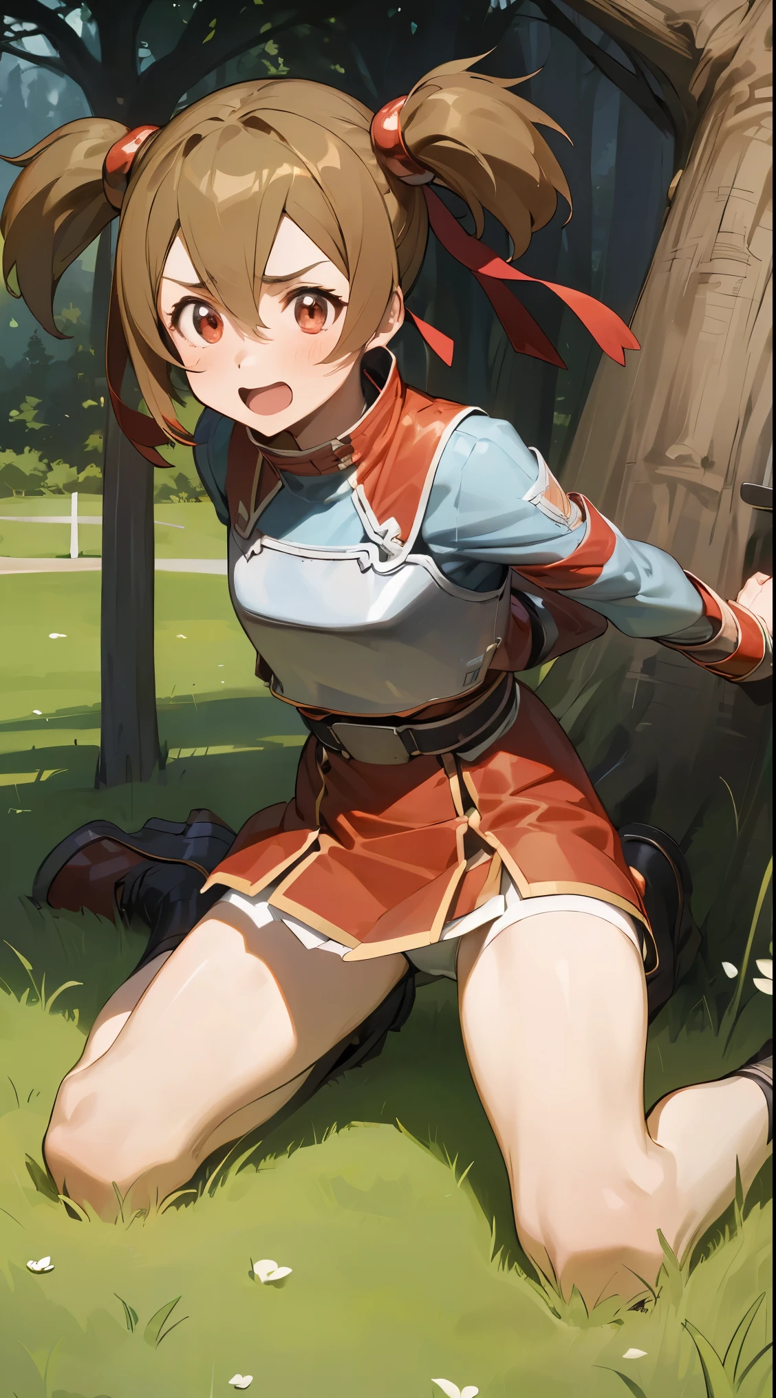 silica,(((1girl in,1male people))),Sword Art Online,(Photo:1.3), detaileds, silica，  tussock, Red dress, (high praise, enticing, Captivating, Exciting, Gorgeous, striking:1.3), Beautiful, (Extremely detailed, High quality:1.3)，Hold a dagger in your right hand，grass field，the grass is blown by the wind，The trajectory of the dagger becomes a band of light.，shining sunlight background，One piece with gorgeous embroidery,underwear with white decorations，childish，A richly decorated dagger，stick out a dagger，Skirt flips，shimmering background,wrestling，Pushed down by a man，Bound，Painful look，tussockに倒れる，laying on back，a man rides on top of her，looking at viewers,a man holds her down