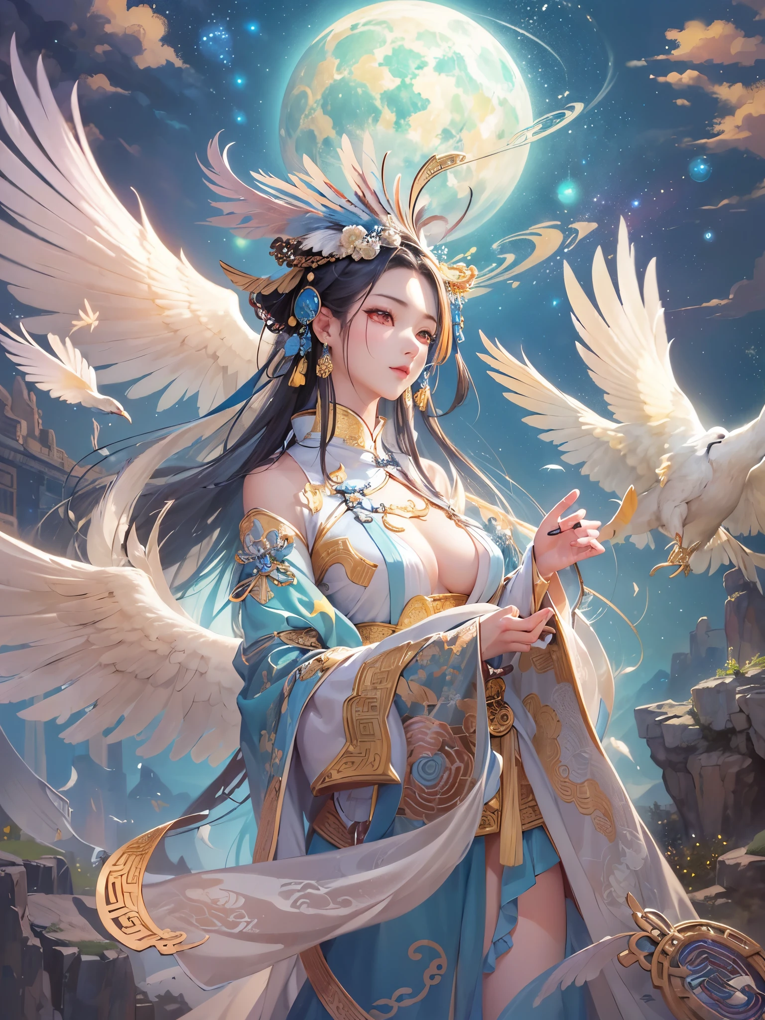 ((Finest quality)),(超A high resolution),(ultra-detailliert),(Meticulous portrayal),((Best CG)),(Finest works of art),Ultra-Precision Art,The art of astounding depiction,(Chinese-style fantasy art with detailed depictions:1.5), (one celestial maiden:1.8),Beautiful and well-groomed face,ssmile:1.5,Beautiful down to the tips of your toes,(plumage:1.8), Sunshine:1.3,Gentle breeze:1.3