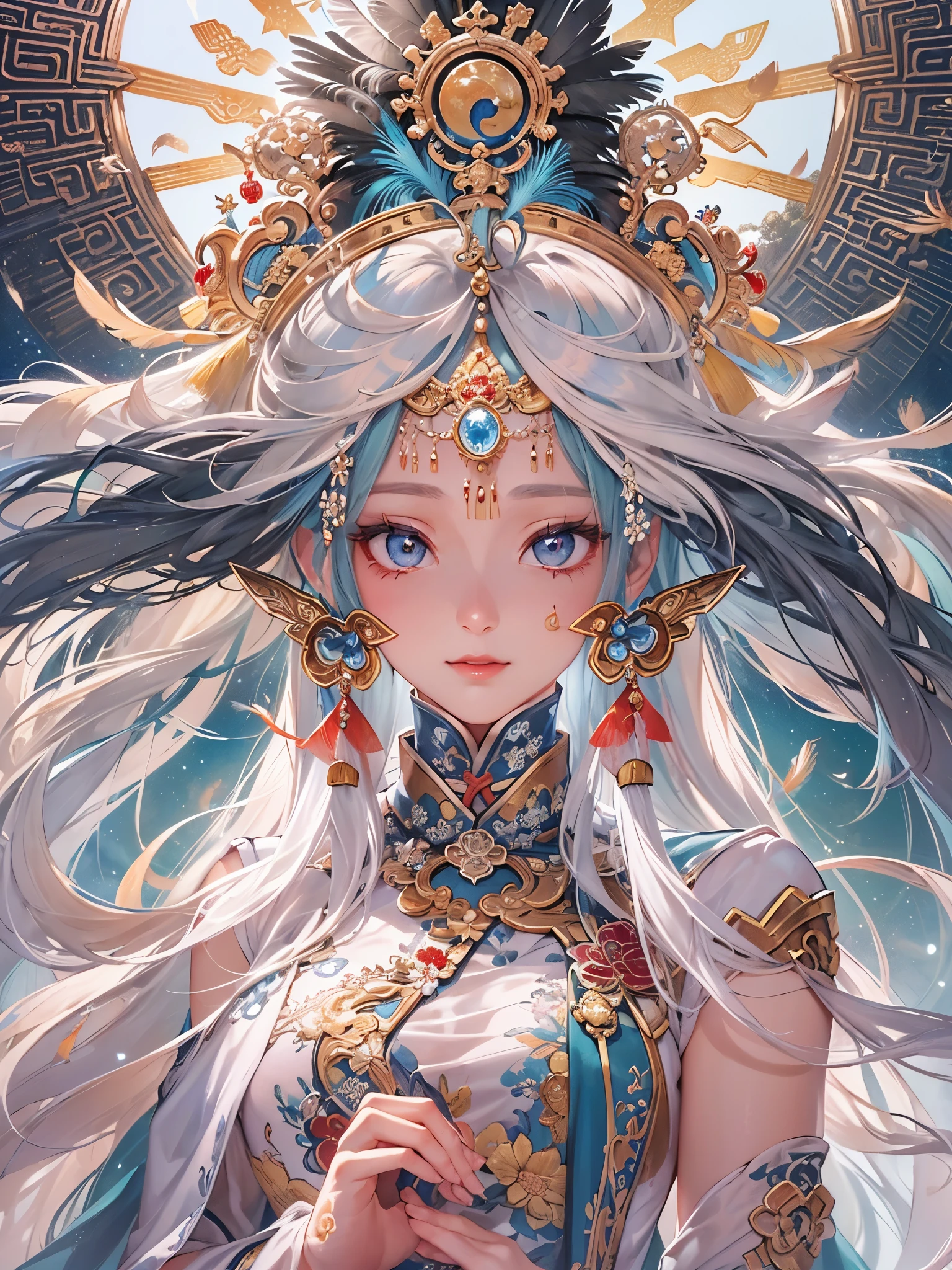 ((Finest quality)),(超A high resolution),(ultra-detailliert),(Meticulous portrayal),((Best CG)),(Finest works of art),Ultra-Precision Art,The art of astounding depiction,(Chinese-style fantasy art with detailed depictions:1.5), (one celestial maiden:1.8),Beautiful and well-groomed face,ssmile:1.5,Beautiful down to the tips of your toes,(plumage:1.8), Sunshine:1.3,Gentle breeze:1.3